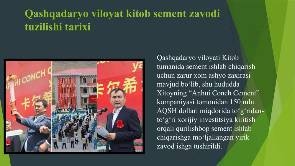 i xarajat va co₂ chiqindilarini kamaytirish imkoniyati bor. mdpi chiqindilarni qayta ishlash va foydali qayta ishlanuvchi materiallarga aylantirish clinker cho’kindilarini beton agregatiga, yo‘l konstruksiyalarida yoki boshqa rakenn materiallarda ishlatish. qattiq chiqindilarni (loj, chang) polimerlar, keramik qo‘shimchalar sifatida ishlatish. suv resurslarini boshqarish chang yuvish va tozalash suvlarini qayta ishlash tizimlari o‘rnatish. kimyoviy tarkibni nazorat qilish, chiqindilarni me’yorlarda nazorat qilish va tashqi suv resurslariga zarar yetkazmaslik. yashil texnologiyalar va energiya manbalarini diversifikatsiya yonilg‘i sifatida biomassa, sanoat chiqindilaridan olinadigan yonilg‘ilarni ishlatish (masalan, plastik chiqindilar, yog‘li chiqindilar) – “ko-prosessing” texnikasi. quyosh energiyasi, shamol energiyasi, issiqlik pompasi va boshqalar orqali energiya tejash. atrof-muhit monitoringi va nazorat zavod atrofidagi havoning sifatini, yer osti va yer usti suvlarining holatini muntazam tahlil qilish. atrofdagi yashil zonasalarni (daraxtlar, butalar) ko‘paytirish, yashillikni saqlash. normativ-huquqiy chora-tadbirlar atrof-muhitni muhofaza qilish bo‘yicha qat’iy qonunlar va me’yoriy hujjatlar. jazolar (jarimalar) va rag‘batlar (soliqlarda chegirmalar yoki grants/subsidiya) orqali ekologik xatti-harakatni rag‘batlantirish. masalan, o‘zbekiston ekologiya, salomatlik …