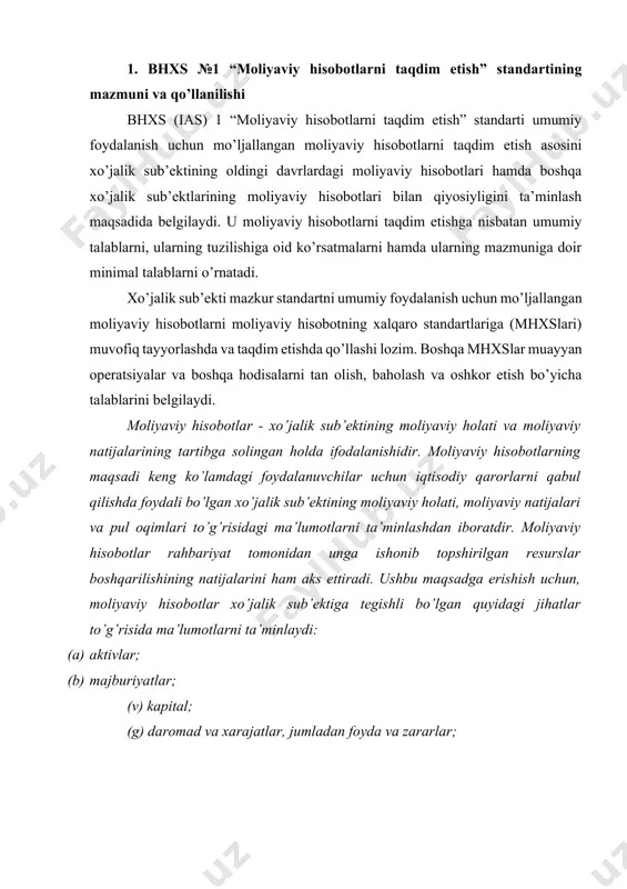 yaviy hisobotlar xo’jalik sub’ektiga tegishli bo’lgan quyidagi jihatlar to’g’risida ma’lumotlarni ta’minlaydi: (a) aktivlar; (b) majburiyatlar; (v) kapital; (g) daromad va xarajatlar, jumladan foyda va zararlar; (d) mulk egalari tomonidan ularning mulk egalari sifatida amal qilishidagi qilingan qo’yilmalar va ularga taqsimlanadigan summala; va (e) pul oqimlari[footnoteref:1]. [1: m.bonham and others.generally accepted accounting practice under ifrs. ernst & young llp, united states, 2010.- part 1. p.162. ] ushbu ma’lumotlar, izohlardagi boshqa ma’lumotlar bilan birga, moliyaviy hisobotlardan foydalanuvchilarga xo’jalik sub’ektining kelgusi pul oqimlarini va, xususan, ularning muddatini va aniqliligini oldindan taxminan bilishda yordam beradi. moliyaviy hisobotlarning to’liq to’plami quyidagilarni qamrab oladi: (a) davr oxiridagi moliyaviy holat to’g’risidagi hisobot; (b) davr uchun foyda yoki zarar va boshqa umumlashgan daromad to’g’risidagi hisobot; (v) davr uchun kapitaldagi o’zgarishlar to’g’risidagi hisobot; (g) davr uchun pul oqimlari to’g’risidagi hisobot; (d) izohlar, ya’ni muhim hisob siyosatlarining va boshqa tushuntirish ma’lumotlarining qisqa bayonini qamrab olgan izohlar; (e) oldingi davr boshiga …