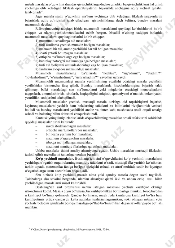 ishi lozim. teskari masalalarni tuzish masalalarni tekshirish bilan birga olib borish kerak. 6. ilyustratsiyaga qarab masala tuzish. berilgan rasm, chizma yoki qisqa yozuvga qarab masalalar tuzishga doir mashqlar foydalidir. ular masalani bolalar konkret vaziyatda ko‘rishga yordam beradi. masalan: rasmga qarab bolalar bir nechta masala tuzishlari mumkin «bo‘lochka non 5 so‘m, 1 stakan choy esa 3 so‘m turadi. bir stakan choy va bo‘lochka necha pul turadi?» «bulochka 5 so‘m, 1 stakan choy oldim.» bolalarga u yoki bu ilyustratsiya bo‘yicha masala tuzishni taklif qilishdan avval bu ilyustratsiyani analiz qilish, ya’ni suhbat o‘tkazish va bolalar ilyustratsiyasida nima tasvirlanganini, sonlar nimani ifodalanishini, nimani bilishi kerakligini, bilish bilmasliklarini aniqlash kerak. 7. berilgan yechilishiga qarab masala tuzish.masalalar yechish malakasini shakllanishiga masala yechilishiga nisbatan teskari deb atash mumkin. faqat raqamlar bo‘lgan mashqlar yordam beradi – bu masalani uning yechilishiga qarab tiklashdir. masalaning yechilishi ixtiyoriy formada berilishi mumkin: aolhida amallar, ifoda yoki tenglama bilan, bo‘lgan tushuntirish yozuvlari bilan …