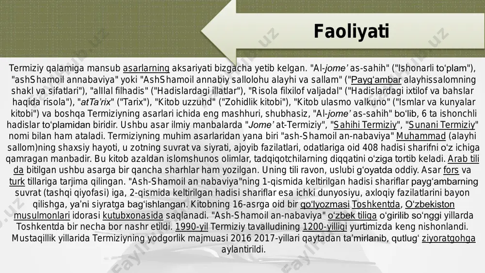 fikrlar ko‘p uchraydi. chunonchi, u insonda yaxshilik fazilatlarini takomillashtirishni quyidagi hadislarda bayon etadi: «olloh nazdida eng yaxshi do‘st deb doimo xayrli ishlarni qilib yuruvchi kishilarga aytiladi». «olloh nazdida eng yaxshi qo‘shni o‘z qo‘shnilariga yaxshilik qilguvchidir», «odamlarga shukur aytmaydigan kishi ollohga ham shukur qilmaydi». imom at-termiziy to‘plagan hadislari orasida axloq-odobga, marhumlarga hurmat ruhida tarbiyalashga da’vat kuchli: «chinakam sabr- toqat deb musulmon kishining musibat yuz bergandagi chidamliligiga aytiladi», «haqiqiy mo'min deb xushxulq va ayoliga nisbatan xushmuomala kishiga aytiladi». umuman, imom at-termiziyning ma’naviy qadriyatlarga doir merosi, axloq-odob va ta’lim-tarbiyaga doir qarashlari, dunyoqarashini o‘rganishda va ulardan hozirgi ta’lim - tarbiyada foydalanishda u to'plagan hadislar va «sunan» kitobining ahamiyati g‘oyat katta. e’tiboringiz uchun rahmat!