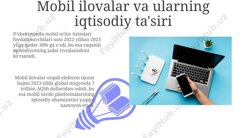 oli punktlarida ham 5-10 mbps oraligʻida boʻlib, kattaroq fayllarni yuklash va hd video tomosha qilishni qiyinlashtiradi. raqamli iqtisodiyotda mobil internetning roli 4g va 5g kabi yuqori tezlikdagi mobil internet texnologiyalari, bulutli hisoblash bilan birgalikda, raqamli iqtisodiyot infrastrukturasini mustahkamlab, ma'lumotlarni qayta ishlash va uzatish tezligini sezilarli darajada oshirdi. mobil internetning keng tarqalishi tufayli, kichik va o'rta bizneslar (kob) o'z mahsulot va xizmatlarini global bozorga chiqarish imkoniyatiga ega bo'lib, bu raqamli iqtisodiyotning o'sish sur'atlarini 20% ga oshirdi. mobil marketing va reklama push-bildirishnomalar va in-app reklamalar kabi mobil marketing vositalari 40% gacha konversiya stavkasini ta'minlay oladi, bu esa an'anaviy reklama usullaridan ancha samaraliroqdir. mobil marketingda 70% dan ortiq foydalanuvchilar reklamaga smartfonlari orqali duch kelishadi, bu esa geolokatsiya va boshqa maqsadli texnologiyalar yordamida aniq auditoriyaga yetkazish imkonini beradi. sog'liqni saqlash sohasida mobil texnologiyalar 01 02 telemeditsina platformalaridan foydalanish natijasida shifokor-bemor o'rtasidagi masofa cheklanmagan holda 15% gacha davolanish vaqti qisqaradi va samaradorlik oshadi. sales 1st …