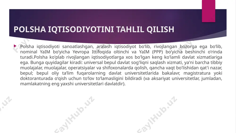 gdek, u dunyodagi eng ko'p qochqinlarni qabul qiluvchilardan biri hisoblanadi. polsha jahon banki tomonidan yuqori daromadli iqtisod sifatida tasniflangan,[30] yaim (ppp) boʻyicha dunyo boʻylab 20 oʻrin va yaim (nominal) boʻyicha 22 oʻrinda. polsha juda xilma-xil iqtisodiyotga ega boʻlib, 2017 iqtisodiy murakkablik indeksida 21-oʻrinni egallaydi. какую пользу получит аудитория от презентации: взрослых учащихся больше интересует предмет, если они знают, почему и насколько он важен для них. уровень знаний докладчика по теме: кратко укажите свои профессиональные успехи в этой области или объясните, почему участникам интересно будет вас послушать. 8 polsha iqtisodiyotini tahlil qilish iqtisodiyotining eng katta tarkibiy qismini xizmat ko'rsatish sohasi (62,3%), ikkinchi o'rinda sanoat (34,2%) va qishloq xo'jaligi (3,5%) turadi. 1989 yilgi iqtisodiy islohot natijasida polshaning tashqi qarzi 1989 yildagi 42,2 milliard dollardan 2014 yilda 365,2 milliard dollargacha oshdi. 2017 yilda polsha butun dunyo bo‘ylab 224,6 milliard dollarlik mahsulot jo‘natdi, eksport esa 221,4 milliard dollarga oshdi. mamlakatning asosiy eksport tovarlariga mashinalar, …