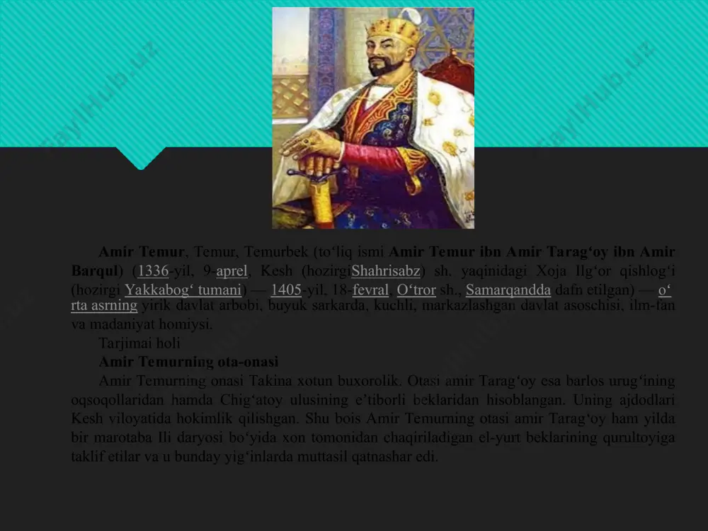 . chunki u saltanatlik ramzi edi. amir temur buni yaxshi tushunardi. shuning uchun ham balxga yetmasdan oʻrpuz mavzeida u amir va noʻyonlari bilan kengash oʻtkazadi. koʻpchilikning xohish va ixtiyori bilan, oʻsha davr qonun-qoidalariga koʻra, chingiziylar avlodidan boʻlgan suyurgʻatmish oʻgʻlon movarounnahr podsholigi taxtiga oʻtqazildi. amir temur qoʻshini to balxga yetib borgunicha, unga yoʻl-yoʻlakay yangi-yangi kuchlar kelib qoʻshildi. shu asnoda amir husaynni koʻpchilik amirlari tark etdilar. jangda amir husayn qoʻshinlari yengildi, ikki kunlik qamaldan soʻng , 1370 yilning 10 apr.da balx sh. amir temurga taslim boʻldi. amir husayn asir olinib, qatl etildi. oq oʻrda bilan jang temurning oltin oʻrdaga qarshi 1391 yildagi yurishi temurning oltin oʻrdaga qarshi 1395 yildagi yurishi amir temur movarounnahrni moʻgʻullar hukmronligidan ozod etib, bu qad. mamlakatda mustaqil davlat barpo etgan boʻlsada, hali mamlakatda barqaror tinchlik oʻrnatilgan emas edi. bir tomondan ayrim viloyat hokimlari amir temur hakimiyatini tan olishdan bosh tortib turgan boʻlsalar, ikkinchi tomondan mamlakatning sharqiy va shim. …
