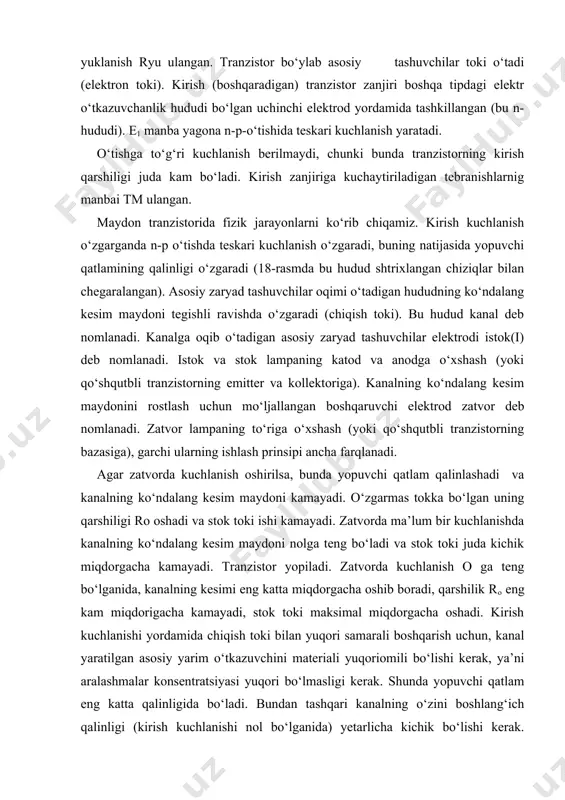 rimo‘tkazuvchi). 19-rasmda bunday tranzistorning tuzilish prinsipi ko‘rsatilgan. 19-rasm. asos bo‘lib elektr o‘tkazuvchanligi n-tipdagi kremniy plastinkasi xizmat qiladi. unda yuqori o‘tkazuvchanlikka ega bo‘lgan p-tipdagi elektr o‘tkazuvchanligi ikki hududga qaratilgan. bu hududlar istok va stok bo‘lib va ulardan uchlar chiqarilgan. stok va istok orasida elektr o‘tkazuvchanligi p-tipdagi yuza ustidagi kanal bor. shtrixlangan hudud bu kremniy dioksididan dielektrik qatlam (uning qalinligi odatda, 0,1-0,2 mkm dan iborat). dielektrik qatlami ustida yupqa metall plenka ko‘rinishidagi zatvor joylashgan. bunday tranzistorning kristalli odatda istok bilan birlashgan va uning potensiali nolki deb qabul qilinadi. ba’zan kristalldan alohida uch chiqarilgan bo‘ladi. ko‘rilgan tranzistorni hususiy kanali (o‘rnatilgan) tranzistor deb nomlanadi. ko‘ramiz, qanday u ishlar ekan. agar zatvorga nolli kuchlanish berilgan bo‘lsa, kuchlanish berilgandan keyin stok va istok oralig‘ida kanal orqali tok oqadi, bu tok elektronlar oqimi hisoblanadi. kristall orqali tok bormaydi, chunki n-p o‘tishlardan biri teskari kuchlanishda bo‘ladi. istokka nisbatan (demak kristallga nisbatan ham) zatvorga teskari qutbli kuchlanish berilganda, kanalda …