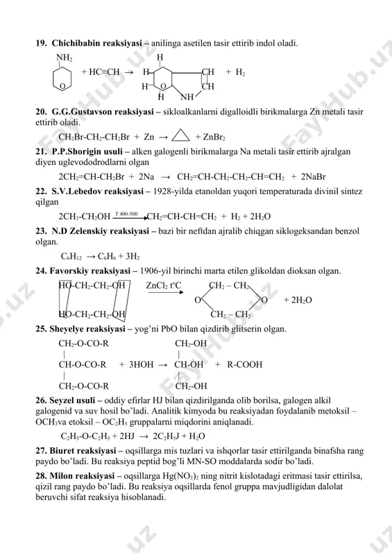 ksiyasi – yog’ni pbo bilan qizdirib glitserin olgan. ch2-o-co-r ch2-oh | | ch-o-co-r + 3hoh → ch-oh + r-cooh | | ch2-o-co-r ch2-oh 26. seyzel usuli – oddiy efirlar hj bilan qizdirilganda olib borilsa, galogen alkil galogenid va suv hosil bo’ladi. analitik kimyoda bu reaksiyadan foydalanib metoksil – och3va etoksil – oc2h5 gruppalarni miqdorini aniqlanadi. c2h5-o-c2h5 + 2hj → 2с2h5j + h2o 27. biuret reaksiyasi – oqsillarga mis tuzlari va ishqorlar tasir ettirilganda binafsha rang paydo bo’ladi. bu reaksiya peptid bog’li mn-so moddalarda sodir bo’ladi. 28. milon reaksiyasi – oqsillarga hg(no3)2 ning nitrit kislotadagi eritmasi tasir ettirilsa, qizil rang paydo bo’ladi. bu reaksiya oqsillarda fenol gruppa mavjudligidan dalolat beruvchi sifat reaksiya hisoblanadi. 29. sulfigidril reaksiyasi – oqsilga plyumbit eritmasi qo’shib qizdirilganda, qora cho’kma pbs hosil bo’ladi. bu reaksiya oqsillar tarkibida sulfigidril (sh) borligini ko’rsatadi. 30. ningidrin reaksiyasi –ningidrin tasirida oksidlangan α-aminokislota dezaminlanadi, dekarboksillanadi. natijada co2, nh3 va aldegid hosil bo’ladi. …