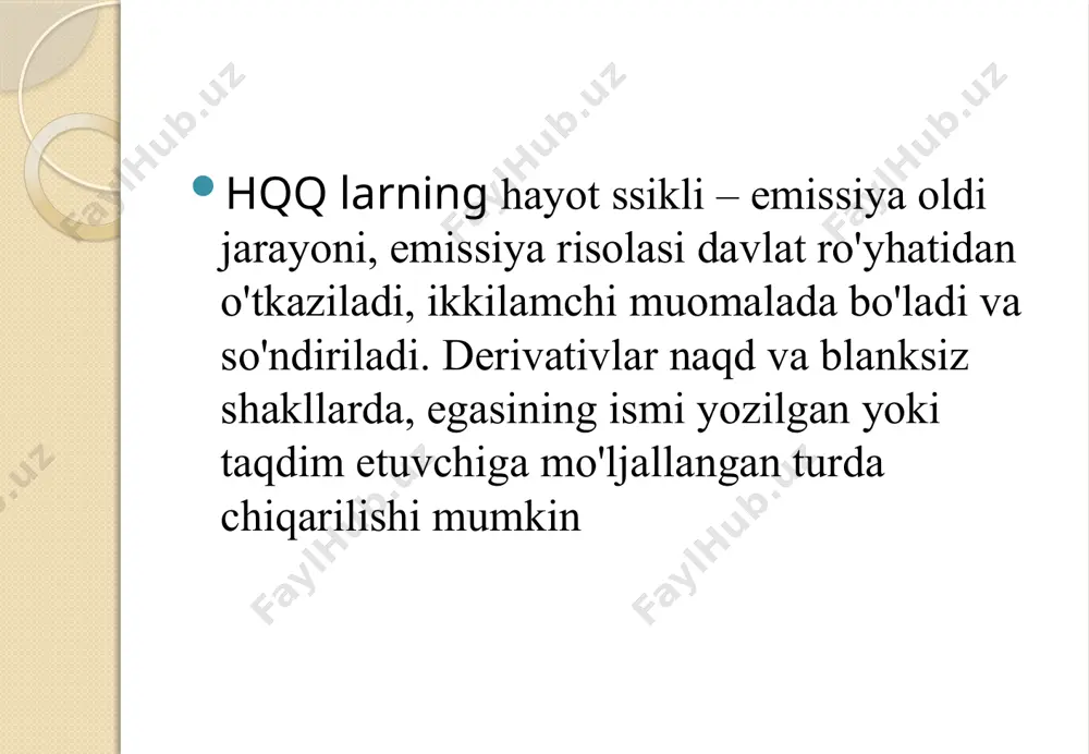 umkin. bazis aktivi birinchi marta muomalaga chiqarilayotgan qimmatli qog‘oz bo‘lgan fyucherslarni chiqarishga yo‘l qo‘yilmaydi. fyuchers bozorida moliyaviy kafolat tizimi amal qiladi, bunda har bir fyuchers shartnomasi boʻyicha maʼlum bir pozitsiyani ochish uchun birja eng kam miqdorda garov taʼminotini belgilaydi hamda uni saqlaydi. garov badali boshlangʻich yoki depozit marjasi deb atalib, u asosan shartnoma summasidan 2 – 10% ni tashkil etadi форвард шартнома – бу икки томон ўртасидаги битим бўлиб, унга кўра томонлардан бири базавий активни келажакда белгиланган вақтда белгиланган ижро нархи бўйича сотиш, иккинчи томон эса – шу активни харид қилиш мажбуриятини ўз зиммасига олади. форвард шартномалар биржадан ташқарида тузилади ва улар тузилган пайтда контрагентлар бирон-бир харажат қилиши шарт эмас своп – икки томон ўртасида тузиладиган, келишиб олинган шартларга мувофиқ келажакда белгиланган тўловлар ва (ёки) базавий активлар алмашиниш ҳақидаги битимдир svop bu shunday moliyaviy shartnoma boʻlib, u bir tomonga tegishli boʻlgan kelgusidagi toʻlovlarni ikkinchi tomonning kelgusidagi toʻlovlariga almashtirish vazifasini yuklaydi …