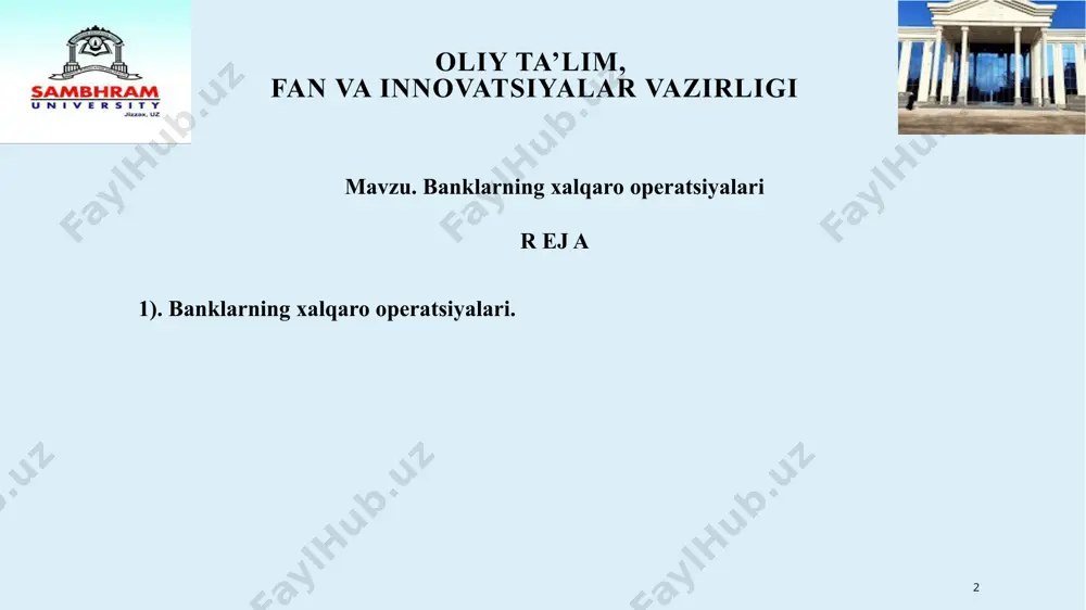 r o‘tkazadilar. ular xalqaro aloqalarning quyidagi shakllarida ishtirok etadilar: xalqaro savdoda importyorlar va eksportyorlar sifatida; kapitalni olib kirish va olib chiqish, shu jumladan: boshqa davlatlar hududida korxonalar qurish; boshqa mamlakatlar hududida korxonalar faoliyatini yalashtirish; qo‘shma korxonalar tuzish; xalqaro kreditni taqdim etish va boshqalar. 6 oliy ta’lim, fan va innovatsiyalar vazirligi barcha shu kabi aloqalar pul harakati bilan kechadi, bir valuta boshqasiga almashadi. buning sababi dunyoda yagona pul birligi yo‘qligidir, har bir davlat o‘z pul birligini ishlatadi. xorijiy valuta importyorlarga xorijda sotib olingan tovarlar uchun to‘lashga kerak bo‘lsa, eksportyorlar shu valutani xorijga tovar sotgani uchun oladilar. shuning uchun banklar xalqaro alo- qalarda ishtirok etib o‘z mijozlariga pul muomalasi sohasida operatsiyalar o‘tkazadilar. banklar o‘z hisoblari va mijozlari hisobidan ham (komission yig‘im) valuta bilan operatsiyalar o‘tkazadilar. banklar o‘z faoliyatlarida har xil davlatlar xo‘jalik subyektlarini pul mablag‘i bilan ta’minlaydilar, valuta almashtiradilar, xalqaro kreditlarni taqdim etadilar, xalqaro qimmatli qog‘ozlarning savdo-sotiqlari va boshqalar bilan shug‘ullanadilar. 7 …