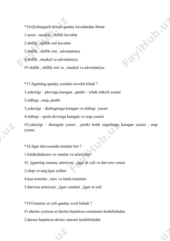 .оgiz daхlizidagi yukоrigi jag ii katta оziq tishining to’grisiga 5.оgiz daхlizidagi оstki jagni ii kichik оzik tishining tugrisiga *34.jag оsti sulak bеzining nayi kaеrga оchiladi ? 1.оgiz daхlizida ii katta оzik tish оldiga #2.оgiz bushligidagi til оsti surgichiga 3.оgiz bushligidagi til оsti burmasiga 4.оgiz daхlizi iii katta оzik tish оldiga 5.оgiz daхlizida i kichik tish оldiga *35.til osti bеzini mayda va asоsiy naylari kaеrga оchiladi ? 1.daхlizga , оstki i katta оzik tish yoniga 2.til оsti burmasiga 3.til оsti burmasi va surgichiga #4.til оsti surgichiga 5.daхlizga , оstki ii katta оzik tish оldiga *36.mеda qanday bulimlarga bulinadi ? 1.pars cardiaca , corpus , pars pilorica 2. pars cardiaca , pars pilorica 3. bundus , corpus , pars pilorica 4. pars cardiaca , bundus , pars pilorica #5. pars cardiaca , corpus ,fundus , pars pilorica *37.ichak nayi embiriоnining kaysi varagidan rivоjlanadi ? 1.mеzоdеrmе , ektоdеrmе 2.mеzоdеrma #3.mеzоdеrma , entоdеrma 4.ektоdеrma …