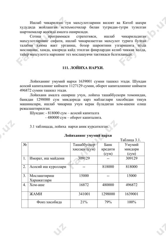 иган махсулотлар ассортименти ва номенклатурасини киска муддат ичида узгартириш, мослаштириш, махсулотларни ишлаб чикаришда, ишлаб чикаришнинг ички харажатларининг пастлиги, ракобатга бардош бериш имкониятига эга булишини кафолатлайди. сотиш программаси ишлаб чикарилган тун махсулотларини вилоят ва китоб шахри худудида жойлашган истеъмолчилар билан тугридан-тугри тузилган шартномалар асосида амалга оширилади. сотиш программаси стратегияси, ишлаб чикариладиган махсулотларнинг сифати, ишлаб чикарилаетган махсулот турига булган талабни хамма вакт урганиш, бозор шароитини узгаришига тезда мослашиш, хамда, юкорида кайд этилган фикрлардан келиб чиккан холда, тайер махсулотга нархнинг тез мослашувчи тактикаси белгиланади. 111. лойиха нархи. лойиханинг умумий нархи 1639001 сумни ташкил этади. шундан асосий капиталнинг киймати 1127129 сумни, оборот капиталининг киймати 496872 сумни ташкил этади. лойихани амалга ошириш учун, лойиха ташаббускори томонидан, банкдан 1298000 сум микдорида карз маблаглари хисобидан тикув машиналари, ишлаб чикариш учун керак буладиган хом-ашени олиш режалаштирилган. шундан: - 818000 сум – асосий капиталга - 480000 сум – оборот капиталига. 3.1 таблицада, лойиха нархи аник курсатилган. лойиханинг умумий нархи …