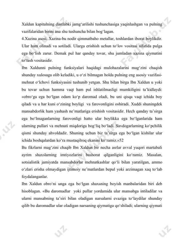 o‘rganadi. «oltin va kumush, savdo va ijtimoiy turmish ehtiyojiga mos almashuv tufayli bir mamlakatdan ikkinchi mamlakatga o‘tadi. agar ularning miqdori mag‘rib va ifrakiyada kamaysa, slovyanlar va franklar mamlakatlarida ko‘payadi, agar u misr va suriyada kamaysa, hindiston va xitoyda ko‘payadi»56 shunday qilib ibn xaldun, birinchidan, pulning xalqaro funksiyasini, ikkinchidan, pul muomalasi va mamlakatlar o‘rtasidagi iqtisodiy aloqalarning birligini ochib berdi. 4. sharqda pul muomalasini tashkil etish masalalari. sharqda, xususan arab dunyosida pul muomalasini tashkil etish masalalari bilan islom paydo bo‘lishidan ancha avval shug‘ullanishgan. o‘sha zamonlardayoq yirik bitimlarda chek va veksellar ishlatilgan kontragent yoki ish yurituvchiga ish yuzasidan maktublar yozib shu maktubni ko‘rsatgan shaxsga ma’lum summada pul berish topshirilgan. bunda muallifning maktubi veksel o‘rniga o‘tgan, o‘zining mol-mulki va obro‘si bilan tanilgan muallif esa kafil hisoblangan. arab halifaligi tashkil topib, islom sharqqa yoyilgach musulmon qonunlarini tan olish mamlakatlar o‘rtasida savdo aloqalarini gurkirab rivojlanishiga olib keldi. yirik bitimlarda naqd pulsiz hisoblashish zarurati esa qonunchilikni yanada …