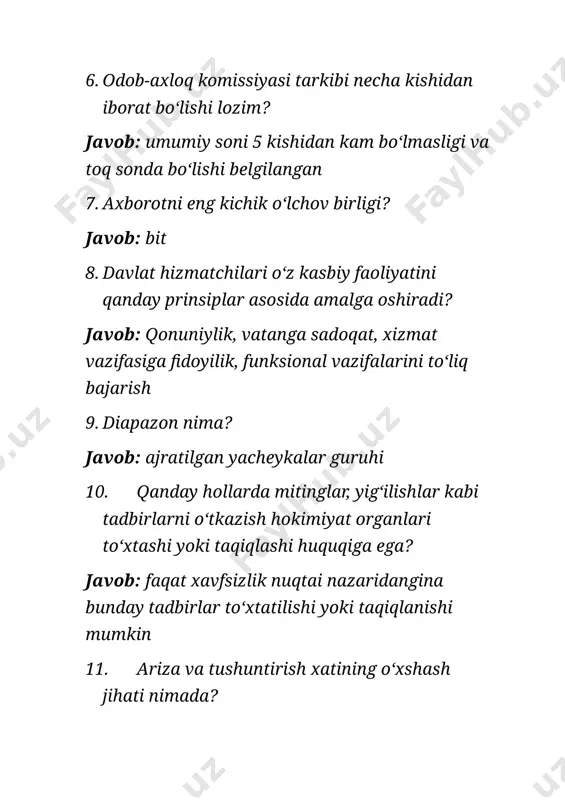 axborot tizimlari yoki axborot resurslariga kim egalik qilishi mumkin? javob: yuridik yoki jismoniy shaxslar 17. davlat fuqarolik xizmati lavozimlarining davlat reestri, shuningdek, unga kiritilgan oʻzgartish va qoʻshimchalar qayerda eʼlon qilinadi? javob: davlat xizmatini rivojlantirish agentligining rasmiy veb saytida 18. oʻzbekiston respublikasining yagona interaktiv davlat xizmatlari portali toʻgʻri berilgan javob... javob: www.my.gov.uz 19. qaysi toifa davlat fuqarolik xizmatchilariga nisbatan haftasiga 35 soatdan oshmaydigan ish vaqti davomiyligi belgilanadi? javob: 3 yoshga toʻlmagan bolalari bor davlat fuqarolik xizmatchilari 20. biror asosiy hujjatga ilova tarzida boʻlib, mazkur hujjatning baʼzi oʻrinlarini izohlab berish maqsadida yoziladigan hujjatni belgilang. javob: tushuntirish xati 21. davlat hizmatchisining odob-axloq qoidalarini buzishi ularni qaysi javobgarlikka tortish uchun asos boʻladi? javob: qonunga muvofiq intizomiy va boshqa javobgarlikka 22. jamiyat va davlat hayotining eng muhim masalalari qay tartibda hal etiladi? javob: referendumda 23. deyarli barcha hollarda pul mablagʻlari va moddiy boyliklarga bogʻliq tuziladigan hujjat turini belgilang. javob: dalolatnoma 24. axborot jamiyati deganda nimani …