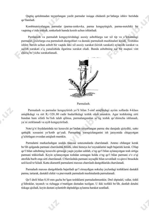 ilgan yuzadan parma o‘qigacha bo‘lgan oraliq (ya’ni, parmaning radiusi) td2 mm formula yordamida aniqlanadi. parmalab kengaytirishda kesish chuqurligi parma diametri bilan ilgari ishlov berilgan teshik diametri ayirmasining yarmiga teng bo‘ladi, ya’ni . vint ariqchali parma teshikdan qirindining osonlikcha chiqib ketishini ta’minlaydi. tug‘ri ariqchali parma murt metallarni teshikka ishlatiladi. ammo chuqur teshikda qirindi tiqilib kolishi mumkin. qiyshiq ariqchali parma sayoz teshiklarni parmalashda ishlatiladi, chunki bunday parmalarda ariqchalar qiska bo‘lishi sababli qirindi teshikdan qiyin chiqadi. qagtiq qotishmadan tayyorlangan yaxlit parmalar issiqqa chidamli po‘latlarga ishlov berishda qo‘llaniladi. kombinatsiyalangan parmalar (parma-zenkovka, parma kengaytirgich, parma-metchik) bir vaqtning o‘zida teshish, zenkerlash hamda kesish uchun ishlatiladi. parmalash va parmalab kengaytirishdagi asosiy asboblarga xar xil tip va o’lchamdagi parmalar, jixozlarga еsa parmalash dastgohlari va dastaki parmalash mashinalari kiradi. teshikka ishlov berish uchun asbob bir vaqtda ikki xil asosiy xarakat (kirish xarakati) aylanish xarakat va surish xarakati o’q yunalishida ilgarima xarakat oladi. bunda asbobning xar bir nuqtasi vint chiziq …