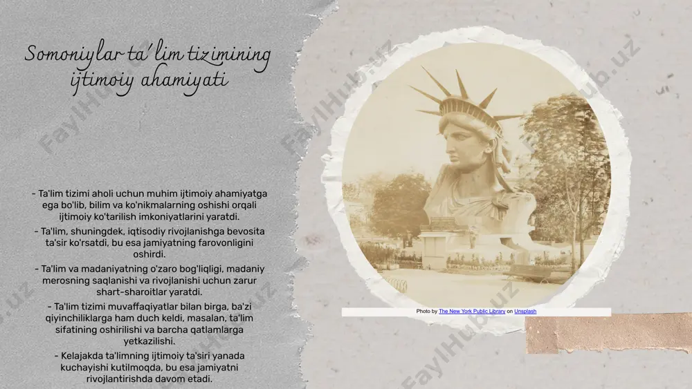 gi yondashuvlarni kiritdilar. bu esa nafaqat nazariy bilimlarni, balki amaliy ko'nikmalarni ham oshirishga olib keldi. ilmiy tadqiqotlar natijasida o'quvchilar uchun yangi darsliklar va materiallar yaratildi. ilmiy faoliyatlar va madaniyat o'rtasidagi bog'lanish, somoniylar davrida juda muhim ahamiyatga ega edi. ilmiy tadqiqotlar madaniy rivojlanishning asosiy omili bo'lib, bu jarayonda madaniyat ilm-fan uchun qulay sharoit yaratdi. madaniy faoliyatlar, o'z navbatida, ilmiy izlanishlarni qo'llab-quvvatladi va rivojlantirdi. masalan, ilmiy asarlar, adabiyot va san'atda yangiliklarni olib keldi. qiziqarli faktlar: 1) somoniylar davrida 100 dan ortiq ilmiy asar yozilgan, 2) o'rta osiyoda ilmiy tadqiqotlar ko'plab til va madaniyatlararo aloqalarga olib kelgan, 3) al-farg'oniy va al-biruniy tomonidan yozilgan asarlar, bugungi kunda ham ilmiy tadqiqotlarda asos sifatida qabul qilinadi. tadqiqotlarning ta'lim rivojiga ta'siri ilm va madaniyat bog'lanishi qiziqarli faktlar somoniylar davrida ta'lim tizimi va asoslari muhim rol o'ynagan. ta'lim o'rta osiyoda madaniyat va ilm-fanning rivojlanishida eng asosiy omil bo'lgan. madrasalar ta'lim markazi sifatida ahamiyatga ega. ular o'qituvchilar va o'quvchilar …