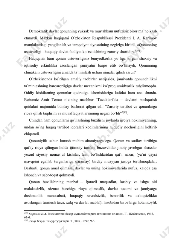 xloqsizlikka asoslangan turmush tarzi, xalq va davlat mablaђi hisobidan birovlarga hotamtoylik kо`rsatishdadir. aksariyat hollarda qonunni buzishning ilk qadamlari umumiy savodsizlik va madaniyatsizlik bilan boђliq, ya`ni ba`zilarning soddaligi yoki jazolanmaslikka umidvorligi qonuning buzilishiga olib kelishi mumkin. shu asnoda fuqaroni nima erkin qiladi, degan savol tuђiladi. nazarimizda, mazkur savolga fuqaroni qonunning mohiyatini mukammal tushunib yetishi chinakam erkin qiladi, deb javob bersa bо`ladi. zero qonunning mohiyatini tushunib olish, unga ixtiyoriy rioya qilishga va uning asosida faoliyat yuritishga yordam beradi. ba`zan qonun omma ongining rivojidan jadalroq harakat qilishi ham mumkin. ammo shu bilan birga qonun ommaning yashirin manfaatlari in`ikosi ham bо`lishi lozim. bizning mustaqil davlatimizda qonun erkinlikning, ma`naviylikning, xо`jalik yuritishning, maorifning harakatlanti- ruvchi kuchi sifatida namoyon bо`lmoqda. har bir qonun matniga hozirga kun uchun о`ta zarur, lekin unga erishish vositalari yetishmaydigan erkinliklarning imkoniyati, zaxiralari kiritilgan. bunday tamoyil bozor munosabatlarining huquqiy negizini shakllantirishga yо`naltirilgan qonunchilikni belgilaydi. qonunni amalga oshirishning yо`li – qonunda ifodalangan huquq va …