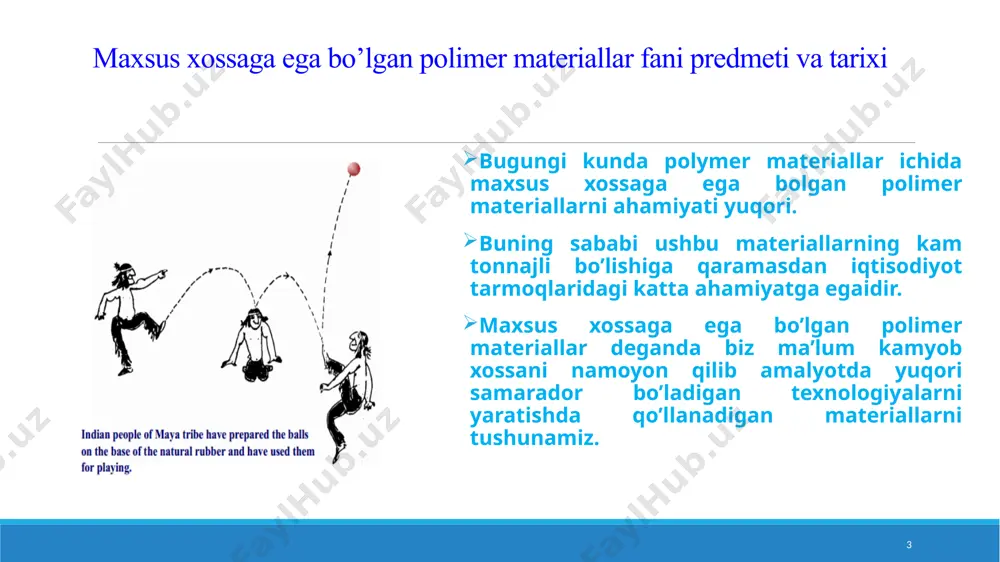 xsus xossaga ega bo’lgan polimerlarning qo’llanishi. 3.soxaning yo’nalishlari 4.soxada ishlagan yirik olimlar – nobel mukofoti laureatlari 5.o’zbekistonda maxsus xossalli polimerlar bo’yicha olib borilayotgan tadqiqotlar image1.png image2.png image3.png image4.png image5.png image6.png image7.png image8.png image9.png image10.jpeg image11.jpeg image12.png image13.png image14.png image15.png image16.png image17.emf image18.emf image19.png image20.png image21.png image22.jpeg image23.png image24.png image25.png image26.jpeg