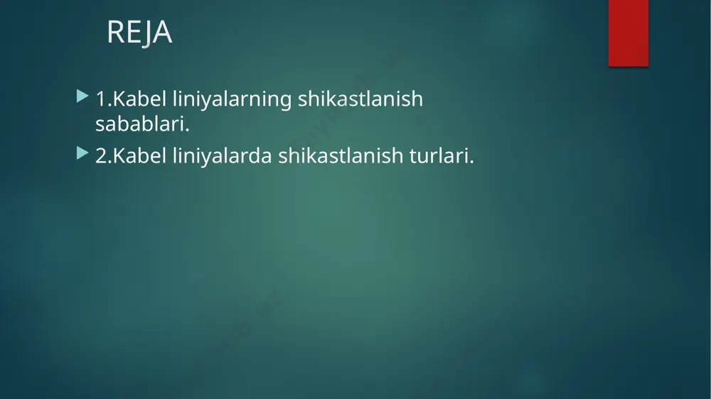 r hosil bo’ladi. bunday nosozliklarga ega bo’lgan kabellar yotqazishga va montaj ishlariga yaramaydi. agar simlar orasidagi izolyatsiya ko'rsatkichlari yaxshi bo'lmasa, kichik izolyatsiya qarshiligiga olib keladi, bu ham isitish fenomenini keltirib chiqarishi mumkin.(1-rasm). 1-rasm kabel liniyalarda shikastlanish turlari. kabel liniya izolyasiyasi elektr mustahkamligining keskin pasayishi turli sabablarga ko’ra yuzaga keladi. bunday sabablar quyidagilardan iborat: kabel himoya qobig’ining (qo’rg’oshinli, alyuminiyli, plastmassali)mexanik zarb yoki korroziya ta‟sirida shikastlanishi natijasida kabel germetizasiyasi buziladi va natijada izolyasiya namligi ortadi; ishlab chiqarishdagi nosozliklar (himoya qobigi yorilishi yoki teshik sodir bolishi) vujudga keladi; kabellarga biriktiruv va uchki muftalarni montaj qilishdagi nosozliklar (mufta bo’yin kismlarining kavsharmaganligi, izolyasiyasining singanligi, tarkib bilan to’liq to’ldirilmaganligi va h.k.); kabellarning mahalliy qizishi natijasida izolyasiyasining qurib qolishi; izolyasiyaning eskirishi bir fazali kabellarning shikastlanishlari. bir fazali shikastlanishlar – kuchlanishi 1-10 kv kuchli kabel liniyalarida eng ko’p uchraydigan shikastlanishlardan (80% yakini tashkil etadi) hisoblanadi. bu turdagi shikastlanishlarda kabel simlarining biri metall qobiqqa ulanib qoladi. fazalararo shikastlanishlar. fazalararo …