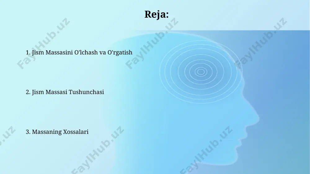 gi tarozilardan foydalanish kerak. o'rta maktablarda massani o'rgatish o'rta maktablarda massani o'rgatishda 5-7-sinflarda og'irlik va massa tushunchalarini farqlashga alohida e'tibor qaratish kerak, chunki bolalar ko'pincha ularni chalkashtirib yuborishadi. talabalarga massa saqlanish qonunini tushuntirishda kimyoviy reaksiyalar misolida, masalan, 10 gramm reaktantlardan 10 gramm mahsulot hosil bo'lishini ko'rsatish orqali amaliy tajribalar o'tkazish tavsiya etiladi. jism massasi tushunchasi jism massasi moddaning miqdorini ifodalovchi fizik kattalik bo'lib, uning o'zgarmasligi inersiya xossasini aniqlaydi. 1 kg massaga ega jismga 1 n kuch ta'sir etganda, uning tezlanishi 1 m/s² ga teng bo'ladi. massaning asosiy xossalaridan biri – qo'shilish xossasi. ikki jismning umumiy massasi ularning alohida massalari yig'indisiga teng. masalan, 2 kg va 3 kg massali jismlarning umumiy massasi 5 kg bo'ladi. massani o'qitish metodlari o'quvchilarga massa birliklari (kilogramm, gramm) va ular orasidagi o'zaro bog'liqlikni tushuntirishda 10 ta turli xil predmetni tortish va natijalarni jadvalga yozib, grafiklar chizish foydali. massa saqlanish qonunini tushuntirishda, 2 ta plastilin sharini birlashtirish …