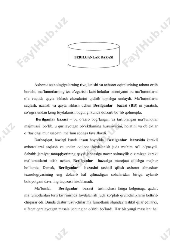 i berilganlar bazasini boshqarish tizimi deb yuritiladi. aniqroq qilib aytganda berilganlar bazasini boshqarish tizimi bu ko’plab foydalanuvchilar tomonidan berilganlar bazasini yaratish, unga qo’shimcha ma’lumotlarni kiritish va malumotlar bazasini birgalikda ishlatish uchun zarur bo’lgan dasturlar majmu kiradi. berilganlar bazasini boshqarish tizimining tarkibida asosiy komponen – bu ma’lumotlar bo’lsa, boshqa komponenti- foydalanuvchilar, hardware-texnik va software dasturiy ta’minoti hisoblanadi. hardware tashqi qo’shimcha xotiradan(disk magnit lentasi ) iborat bo’lsa, dastur qismi esa berilganlar bazasi bilan foydalanuvchi o’rtasidagi muloqatni tashkil qilishni amalga oshiradi. berilganlar bazasining tuzilishi o’rganilyotgan ob’ektning ma’lumotlari ko’rinishi, ma’nosi, tuzilishi va hajmiga bog’liq bo’ladi. berilganlar bazalaridan , foydalanuvchilar quyidagi kategoriyalarga bo’lingan holda ish olib boradi: · foydalanuvchi – dastur tuzuvchi; · tizimli dastur tuzuvchi; · berilganlar bazasi administratori; bunda dastur tuzgan foydalanuvchi berilganlar bazasini boshqarish tizimi uchun yozgan dasturiga javob beradi, tizimli dastur tuzuvchi esa butun tizimimning ishlashi uchun javobgar hisoblanadi. u holda berilganlar bazasi administratori tizimning saqlanish xolatiga va ishonchliligiga javob beradi. …