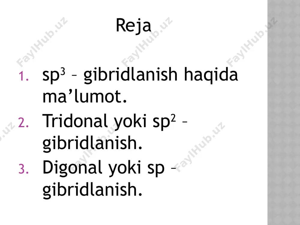 i uchun metandagi to’rtala bog’lar ham sigma bog’ hisoblanadi. orbitallarning gibridlanishiga sabab sistema energiyasining kamayishidir. uglerod atomida gibrid orbitallarning hosil bo’lishida eng avvalo s-orbitallardagi juftlashgan elektronlarning bittasi p- orbitalga o’tadi. buning uchun ma’lum darajada energiya sarflanadi. protsessning keyingi bosqichida s va p-orbitallardan gibrid orbitallar hosil bo’lishidan iborat. bunda ham energiya yutiladi. uchinchi bosqichda gibrid va s-orbitallardan metan hosil bo’ladi. . c-c bog‘ining uzunligi 0,154 nm va c-h bog‘i 0,109 nmga teng. bog’ hosil bo’lishigacha sistemaning energiyasi sistema keyinchalik chiqargan energiyadan kichik. gibridlanish yuzaga kelishi uchun gibrid orbital hosil qilishi kerak bo’lgach orbitallar energiyasi bir-biriga yaqin bo’lishi lozim. shu bois 1s va 2p-orbitallarning gibridlanishi qiyin hisoblanadi. sp3 gibridlanishda gibrid orbitalning shakli 75% p va 25% s xarakterga ega. uglerod atomlari o’zaro bog’langanda atomlarning gibrid orbitallari bir-birini qoplaydi. etan molekulasida qoplangan gibrid orbitallar oq’lari bilan boshqa orbitallar o’qlari orasidagi masofa xuddi metandagidek bo’ladi. trigonal yoki sp2 – gibridlanish sp3 – gibridlanishda 3 …