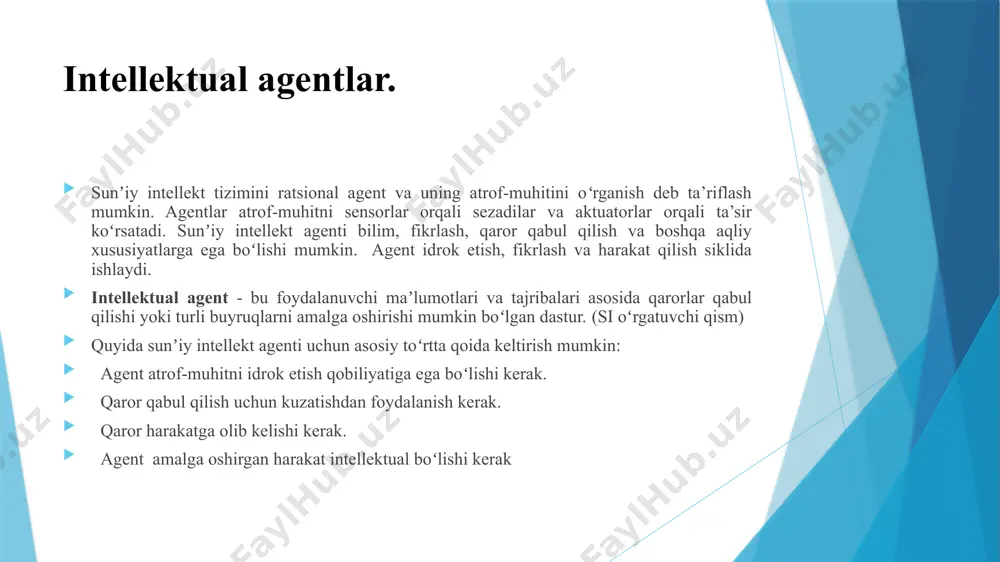 atta guruhga boʻlinadi: dasturiy ta’minot agentlar va jismoniy agentlar. dasturiy ta’minot agenti - dasturiy ta’minot agenti sensorli kirish sifatida tugmachalarni bosishi, fayl tarkibiga ega boʻlishi va ushbu kirishlar boʻyicha harakat qilishi va ekranda chiqishi kerak boʻladi. shuning uchun atrofimizdagi dunyo, uyali telefon, kamera kabi agentlarga toʻla va hatto biz ham agentmiz. jismoniy agent (robot) - bu turli xil vazifalarni bajarish uchun ishlatilishi mumkin boʻlgan dasturlashtiriladigan tizim, masalan, oddiy robotlar payvandlash yoki boʻyash kabi turli xil muntazam ishlarni bajarish uchun ishlab chiqarish sohalarida ishlatilishi mumkin. ba’zi tashkilotlar pochta yoki yozishmalarni turli xonalarga tarqatish kabi oddiy yetkazib berish ishlarini bajarish uchun mobil robotlardan foydalanadilar. intellektual agentlar. sunʼiy intellekt agentining tuzilishi. sunʼiy intellektning vazifasi agent funksiyasini amalga oshiradigan dasturini ishlab chiqishdir. intellektual agentning tuzilishi arxitektura va agent dasturining kombinatsiyasidir. buni quyidagicha koʻrish mumkin: agent = arxitektura + agent dasturi quyida sunʼiy intellekt agenti tuzilishiga tegishli uchta asosiy atama keltirilgan: arxitektura - bu sunʼiy …
