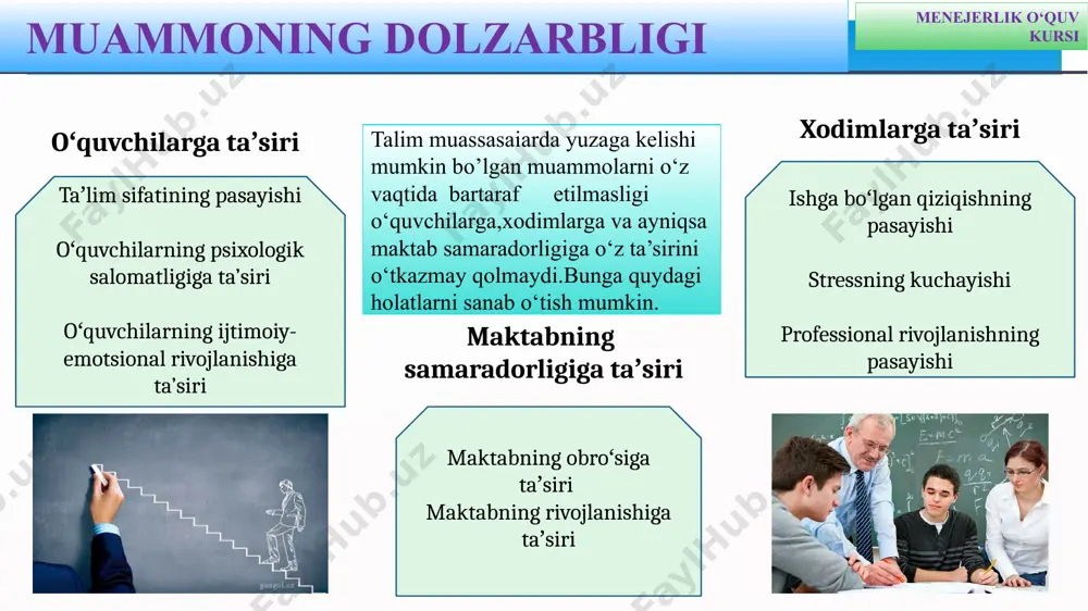 rali ishlash ko‘nikmalari o‘rgatib boriladi. yaponiya hukumati barcha ta’lim bosqichlarida sifatni nazorat qilish va yaxshilash ishlari bilan shug’ullanadi. o‘qituvchilarni uzluksiz malakasini oshirish, o‘quv dasturlarini takomillashtirish, o‘quvchilarning bilim va ko‘nikmalarini baholash kabi chora-tadbirlar amalga oshiriladi. o‘quv ishlari bo‘yicha direktor o‘rinbosarlari faoliyatini samaradorligini oshirishda qonun va huquqiy targ‘ibotlar, o‘quvchilarning rivojlanishini qo‘llab-quvvatlash, pedagogik rivojlanish va yuqori saviyadagi o‘qitish, tadbirkorlik va innovatsiyalar hamda jamiyat bilan hamkorlik va o‘quvchilarning oilasi bilan integratsiya muhim hisoblanadi. . aqsh germaniya yaponiya muammo yuzasidan xorijiy tajribalarni o‘rganilganligi menejerlik o‘quv kursi amaldagi holat (xorijda) taklif amaldagi holat (oʻzbekistonda) qiyosiy tahlil menejerlik o‘quv kursi 1. bugungi kunda umumta’lim maktablarda faoliyat olib borayotgan o‘quv ishlari bo‘yicha direktor o‘rinbosarlarining bilim sifati, pedogogik mahorati zamon talablariga to‘liq javob bera olmasligi, akt va chet tillarini bilish darajasi pastligi. aqsh: shtat va maktab okruglari tomonidan professional rivojlanish dasturlari keng miqyosda amalga oshiriladi. maktab o‘quv ishlari bo‘yicha direktor o‘rinbosarlariga akt va chet tillarini o‘rganish uchun maqsadli kurslar …