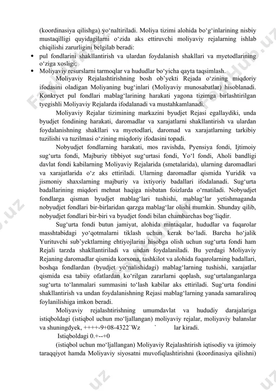 viy rejalarda topadiki, u tashqi va ichki muhitda о‘zgarayotgan xо‘jalik yurituvchi sub’yekt moliyaviy taraqqiyotining kо‘p variantli bashoratidan iboratdir. strategik moliyaviy reja, hech bо‘lmaganda, quyidagi savollarga aniq javob bermog‘i lozim: · xо‘jalik yurituvchi sub’yekt uchun talab qilinadigan kapitalning о‘lchami qanday, u qaysi manbalar hisobidan va qanday muddatlarda jalb qilinadi? · bu kapitaldan qanday qilib foydalaniladi? · о‘z kuchiga ishongan holda xо‘jalik yurituvchi sub’yekt rivojlanishi mumkinmi? agar yо‘q bо‘lsa, moliyaviy resurslarni jalb qilishning manbalari qanday? · xо‘jalik yurituvchi sub’yekt pul mablag‘lari tushumi, ishlab chiqarishning rentabelligi va investisiyalar daromadligining qanday darajalariga chiqishi mumkin va qay muddatlarda? о‘z navbatida, joriy moliyaviy rejalashtirishning asosiy funksiyalari quyidagilardan iborat: · ishlab chiqarish, investision, marketing, ilmiy-loyihaviy va qidiruv faoliyatlarini hamda ijtimoiy loyihalarni amalga oshirish uchun zarur bо‘lgan moliyaviy resurslarning hajmi va ularning manbalarini aniqlash; · mahsulot (ish, xizmat) ni ishlab chiqarish va realizasiya qilish tannarxini rejalashtirish; · pul oqimlarini rejalashtirish; · butun xо‘jalik yurituvchi sub’yekt doirasida foydani rejalashtirish …