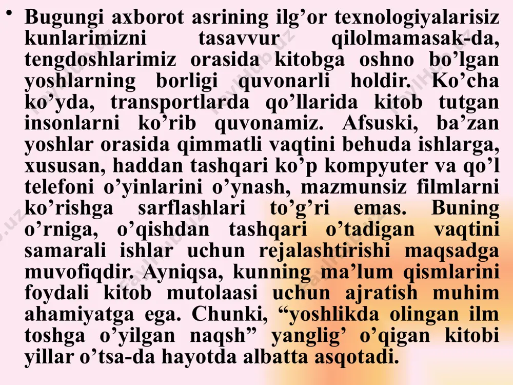 n qulay, kam joy band etadigan va beziyon virtual kitoblarning tobora ommalashib borayotgani, o’z-o’zidan, “qog’ozda chop etilgan kitoblarning kelajagi bormi?” degan haqli savolni keltirib chiqarayotgani ham sir emas. o’zbekiston respublikasi prezidenti sh.m.mirziyoevning 2017 yil 12 yanvardagi “kitob mahsulotlarini chop etish va tarqatish tizimini rivojlantirish, kitob mutolaasi va kitobxonlik madaniyatini oshirish hamda targ‘ibot qilish bo‘yicha komissiya tuzish to‘g‘risida”gi f-4789-sonli farmoyishi bu borada keng ko‘lamli islohotlarni amalga oshirishga zamin yaratdi. 2017 yil 13 sentyabrda “kitob mahsulotlarini nashr etish va tarqatish tizimini rivojlantirish, kitob mutolaasi va kitobxonlik madaniyatini oshirish hamda targ‘ib qilish bo‘yicha kompleks chora-tadbirlar dasturi to‘g‘risidagi” pq-3271-sonli qarorning qabul qilinishi va uning doirasida belgilangan vazifalar ham yurtimizda kitob mahsulotlarini chop etish, aholining kitobxonlik madaniyatini yuksaltirish borasida katta o‘zgarishlarga zamin yaratdi. kitobni qadrlamoq kerak, bu tafakkur qasriga izzat-ehtirom bilan qadam qo`ymoq lozim. gersen e`tiboringiz uchun rahmat!!! image1.jpeg image2.png image3.jpeg image4.jpeg image5.jpeg image6.jpeg image7.jpeg image8.jpeg image9.jpeg image10.jpeg