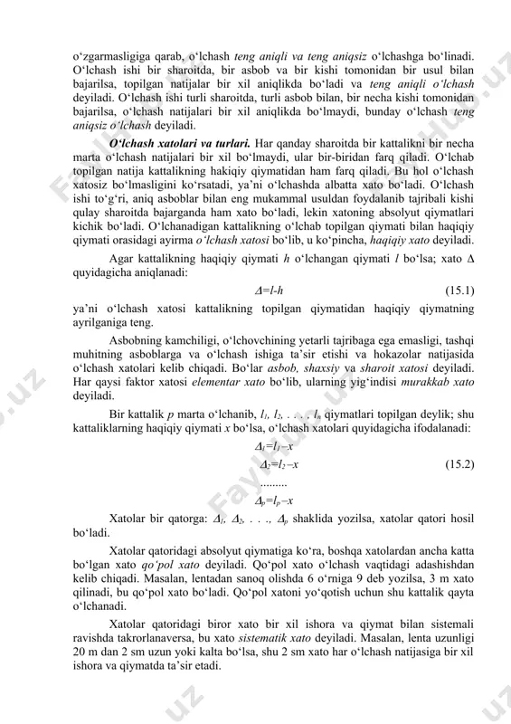 ni aniqlash uchun zarur o‘lchash soni zaruriy o‘lchash bo‘ladi. o‘lchash soni bundan oshsa, ortiqcha o‘lchash deyiladi. masalan, noma’lum kattalik qiymatini aniqlash uchun uni kamida bir marta o‘lchash zaruriy o‘lchash bo‘ladi. agar shu kattalik p marta o‘lchansa, p—1 ortiqcha o‘lchash bo‘ladi. ortiqcha o‘lchash o‘lchash natijasini tekshirishga yordam beradi. har qanday kattalik kamida ikki marta o‘lchanadi. o‘lchash sharoitining o‘zgarish-o‘zgarmasligiga qarab, o‘lchash teng aniqli va teng aniqsiz o‘lchashga bo‘linadi. o‘lchash ishi bir sharoitda, bir asbob va bir kishi tomonidan bir usul bilan bajarilsa, topilgan natijalar bir xil aniqlikda bo‘ladi va teng aniqli o‘lchash deyiladi. o‘lchash ishi turli sharoitda, turli asbob bilan, bir necha kishi tomonidan bajarilsa, o‘lchash natijalari bir xil aniqlikda bo‘lmaydi, bunday o‘lchash teng aniqsiz o‘lchash deyiladi. o‘lchash xatolari va turlari. har qanday sharoitda bir kattalikni bir necha marta o‘lchash natijalari bir xil bo‘lmaydi, ular bir-biridan farq qiladi. o‘lchab topilgan natija kattalikning hakiqiy qiymatidan ham farq qiladi. bu hol o‘lchash xatosiz bo‘lmasligini …