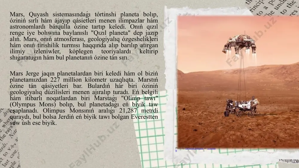 ıwdan qáwipsiz qáwipsiz rejeler de bar. nasa hám basqa kosmoslıq agentlikler marsqa adam jiberiw ushın texnologiyanı islep shıqpaqta. bunday missiya kóplegen texnikalıq hám logistika mashqalaların sheshiwdi talap etedi, sebebi marstaǵı sayaxat uzaq dawam etedi hám insanlar ushın qolaysız sharayatlardı shıǵarıwı múmkin. mars haqqındaǵı ilimiy izleniwler tárepinen onıń geologiyalıq dúzilisi hám tábiyǵıy ózgeshelikleri, al onıń ótmishte qanday ekologiyalıq sharayatlarǵa ie bolıwı múmkinligi haqqında da kóplegen sorawlardı keltirip shıǵardı. "qızıl planeta" atı menen tanılǵan mars, bizge turaqlı baylanıs sırlı hám qızıqlı kóplegen járdem beredi. marsta tirishilik qábiletin úyreniw, kompyuterdiń eń áhmiyetlilerinen biri bolip qaladı. keleshekte marstı úyreniw hám onı koloniyalastırıw da keńeyip baradı. bul planetanıń sırların jáne de tereń úyreniw, insaniyattıń basqa planetalarǵa sayaxatın jańa basqıshqa koteredi. paydalanilg’an a’debiyatlar. 1."mars ishi: qizil sayyorani joylashtirish rejasi va nima uchun biz kerak"- 2.robert zubrin"mars direct: kosmik tadqiqotlar, qizil sayyora va inson kelajagi"- 3.robert zubrin"mars uchun qadoqlash: bo'shliqdagi hayot haqidagi qiziq fan"– 4.m"marslik" - endi …