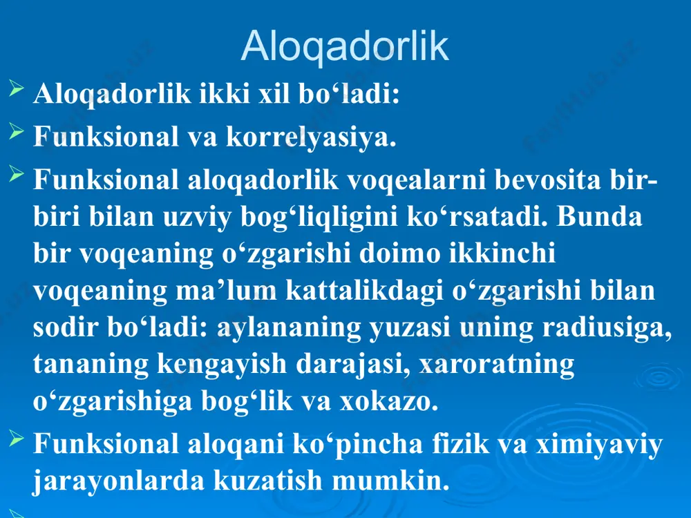 siya koeffitsienti dx – birinchi qatordagi variantalarning shu qator uchun xisoblangan o‘rtacha qiymatdan farqi; du – ikkinchi qatordagi variantalarning shu qator uchun xisoblangan o‘rtacha qiymatdan farqi. rang korelyatsiya koeffisiyenti (spirmen usuli) bu noparametrik usullardan biri bo‘lib, birinchi marta u spirmen tomonidan taklif etilganligi uchun ham spirmen usuli deb ataladi. spirmen usulida korrelyasiya koeffitsienti quyidagi formula bo‘yicha xisoblanadi: r = 1 - 6 · σ d 2 n( n - 1) bu erda: r – korrelyasiya koeffitsienti d – ranglar (tartib sonlar) orasidagi farq standartlashtirishni qo`llash masalan: 2 muqim shifoxonadagi umumiy letallik (o‘lim) ko‘rsatkichini taqqoslash va shu ko‘rsatkichlardagi farqning sabablari to‘g‘risida xulosa chiqarish uchun, avvalambor, shifoxonalarda davolanayotgan bemorlarning kasalliklari turlarining bir xilligini aniqlash kerak. chunki qaysi shifoxonada og‘ir, surunkali kasalliklar bilan yotkizilgan bemorlar soni ko‘proq bo‘lsa, shu shifoxonada letallik ko‘rsatkichi yuqori bo‘ladi. shuning uchun ham letallik ko‘rsatkichi ko‘p yoki oz bo‘lishiga qaramasdan u yoki bu shifoxonada diagnostika va davolash ishlari yaxshi …