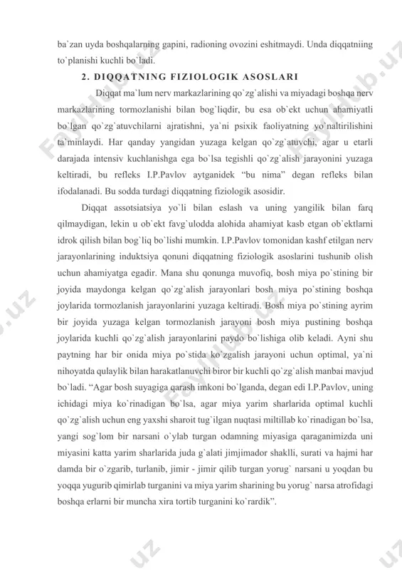 , degan edi i.p.pavlov, uning ichidagi miya ko`rinadigan bo`lsa, agar miya yarim sharlarida optimal kuchli qo`zg`alish uchun eng yaxshi sharoit tug`ilgan nuqtasi miltillab ko`rinadigan bo`lsa, yangi sog`lom bir narsani o`ylab turgan odamning miyasiga qaraganimizda uni miyasini katta yarim sharlarida juda g`alati jimjimador shaklli, surati va hajmi har damda bir o`zgarib, turlanib, jimir - jimir qilib turgan yorug` narsani u yoqdan bu yoqqa yugurib qimirlab turganini va miya yarim sharining bu yorug` narsa atrofidagi boshqa erlarni bir muncha xira tortib turganini ko`rardik”. a.a.uxtomskiy tomonidan ilgari surilgan dominantlik tamoyili ham diqqatning fiziologik asoslarini aniqlash uchun katta ahamiyatga ega. dominantlik tamoyiliga muvofiq miyada qo`zg`alishning har doim ustun turadigan hukmron o`chog`i mavjud bo`ladi, bu hukmron qo`zg`alish o`chog`i aynan shu damda miyaga ta`sir qilib, unda yuzaga kelayotgan hamma qo`zg`alishlarni qandaydir ravishda o`ziga tortib oladi va buning natijasida boshqa qo`zg`alishlarga nisbatan uning hukmronligi yanada oshib boradi. nerv tizimi faoliyatining tabiati qo`zg`alishning hukmron bo`lishi yoki dominantning mavjudligi …