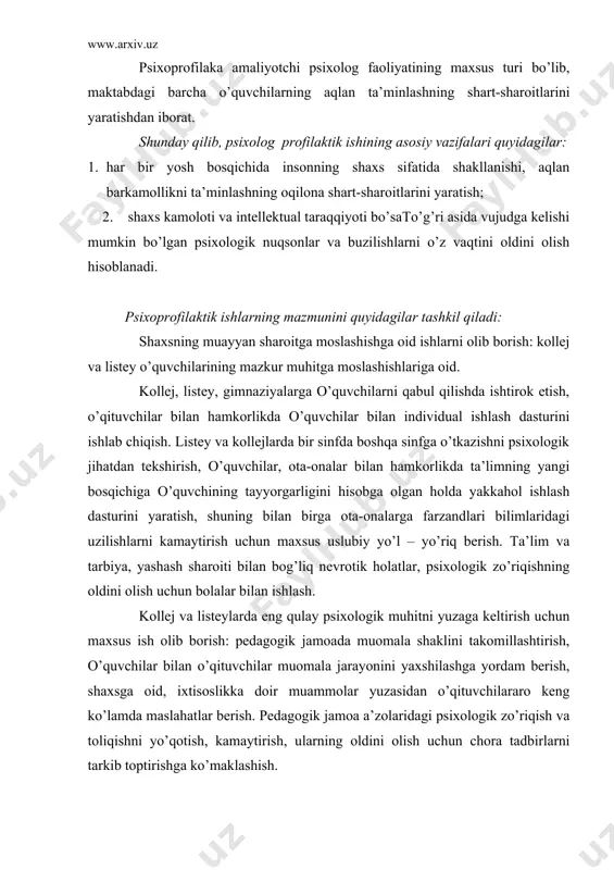 engil oyoqlikka/ ruju qiluvchi shaxslar bilan individual ishlashni yo’lga quyish. og’ir kasallikka uchragan xodimlar, talabalarda bilan ruhiyatni tetiklashtirish, adabiyot qonuniyati bilan ularni tanishtirish, pessimistik kayfiyatdan voz kechib, shukrona yashashga o’rgatish yuzasidan taviyalar berish. o’zlashtirmovchi talabalar ruhiy dunyosidagi nuqsonlarni aniqlash va ularga yordam berish yo’l-yqlarini ishlab chiqish, amaliyotga tatbiq etish hamda korrekstion ishga muhtoj odamlarning individual-psixologik xususiyatlarini hisobga olish. talabalar, xodimlar, muallimlar o’rtasidagi sodir bo’luvchi nizolarning, oilaviy nizolarning psixologik ildizini o’rganish, shaxslararo munosabatlarning asl mohiyatini namoyon qilish, ularni keltirib chiqaruvchi motivlarni tahlil qilish, favquloddagi vaziyatlarni engillashtirish va tamoman bartaraf qilish yo’llari yuzasidan maslahatlar berish kabi ishlar psixoprofilaktik ishlarning mazmunini tashkil qiladi. asosiy adabiyotlar: 1. karimov i. a. yuksak ma`naviyat -engilmas kuch t.“manaviyat”,2008 y. 2.o’zbekiston respublikasi xalq ta`limi tizimida psixologik maslahat to’g’risida”gi muvaqqat nizom –toshkent, 2002 yil 1 avgust. 3. nishonova z. t. psixologik maslahat. toshkent, 2006y. 4. nishonova z. t. psixologik maslahat. toshkent, 2007y. 5. rogov e.i. nastol`naya kniga prakticheskogo psixologa …