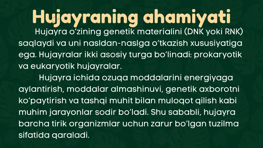 guruhi va azotli asos (adenin, urasil, sitozin yoki guanin) mavjud. funktsiyasi: rnk dnkda saqlangan genetik axborotni oqsillar sintezi jarayoniga yetkazib beradi va ushbu jarayonni boshqaradi. mrnk (matritsa rnk): dnkdan genetik axborotni ko‘chirib oladi va ribosomaga yetkazadi, bu esa oqsil sintezida shablon sifatida ishlatiladi. trnk (transport rnk): ribosomaga aminokislotalarni yetkazib beradi, shuningdek, oqsil sintezi jarayonida ularni o‘z joylariga qo‘yishga yordam beradi. rrnk (ribosomal rnk): ribosomalarni tashkil qiladi va oqsil sintezida ishtirok etadi. xulosa hujayra kimyoviy tarkibi turli elementlar va birikmalardan iborat bo‘lib, har biri hujayraning tuzilishi va funksiyalari uchun muhim ahamiyatga ega. uglevodlar, lipidlar, oqsillar va nuklein kislotalar kabi karbon birikmalari hujayrani energiya bilan ta’minlash, genetik axborotni saqlash, o‘sish va rivojlanishni boshqarishda muhim rol o‘ynaydi. asosiy elementlar (uglerod, vodorod, kislorod, azot) hujayraning tuzilishini tashkil qilsa, mikroelementlar (kaliy, kalsiy, temir va boshqalar) hujayra jarayonlarini muvozanatda ushlab turishga yordam beradi. umuman olganda, hujayra kimyoviy tarkibi hujayraning barcha biologik jarayonlarini ta’minlaydi va organizmning normal …