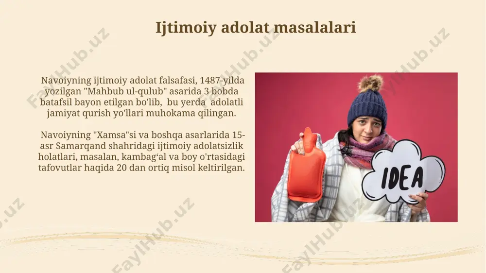 y 20 dan ortiq turli xil pedagogik usullarni, shu jumladan, namuna ko'rsatish va muhokama qilishni, o'z davrining buxoro va xorazm maktablari kontekstida bayon etadi. navoiyning fikricha, “ustoz va shogird munosabatlari” o'quv jarayonida 3 bosqichdan iborat bo'lib, har bir bosqichda shogirdning intellektual va axloqiy kamol topishi uchun maxsus yondashuvlar qo'llanilishi kerak, degan xulosa qilinadi. vatanparvarlik tarbiyasi navoiy o'z asarlarida 15-asr o'rta osiyosi aholisiga vatan himoyasi, milliy g'urur va milletlararo hamjihatlik g'oyalarini singdirishga 30 dan ortiq she'riy misol keltiradi. navoiyning "xamsa"si va boshqa asarlarida vatanparvarlik g'oyasi 50 dan ortiq misolda, xorazm, samarqand kabi shaharlarning ulug'vorligi orqali ifodalangan. adolat va mehr-oqibat “adolat va mehr-oqibat”da keltirilgan hikoyalarning 30 foizi turli xil ijtimoiy sinf vakillarining hayotini aks ettiradi, bu esa navoiyning adolat va mehr-oqibat tamoyillarining jamiyatning barcha qatlamlariga tegishli ekanligini ko'rsatadi. navoiyning "adolat va mehr-oqibat" asarida 5 ta bob mavjud bo'lib, har bir bobda adolat va mehr-oqibat tushunchalariga oid 20 dan ortiq misollar keltirilgan, bu …