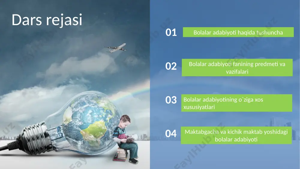 5, 2011 “bolalar adabiyoti” darsligi nusratova h.ch., pardayev b.o' 2021 “bolalar adabiyoti” darsligi folklor har bir xalqning milliy-adabiy ijodini boshlab berishi ham shundan. bu xususiyat bolalar adabiyoti inkishofida ham muhim rol o‘ynaydi. qachonlardir ovrupoda aka-uka grimmlar, x.k.andersen, sh.perro, j.rodari kabilarning ertak to‘plamlari paydo bo‘lgan bo‘lsa, vaqti kelib, o‘zbek bolalar adabiyotining boshlanmasida ham bu hodisa poydevor bo‘la oldi. yevropa adiblari xvi-xvii asrdayoq nafaqat bolalikni kashf etdi, balki uni eng sof mukammallik namunasi va mehr-shafqat timsoli sifatida insoniyatga meros qilib qoldirdi. o‘zbek bolalar adabiyoti tarixida folklordan tashqari, didaktik adabiyot, bolalar kitobxonligi, ma’rifatparvarlik adabiyoti, milliy uyg‘onish davri o‘zbek adabiyoti tushunchalari uning shakllanishidagi asosiy omillar hisoblanadi. bolalar adabiyoti istilohi bolalar adabiyoti didaktik adabiyot, bolalar kitobxonligi ma`rifatparvarlik adabiyoti , milliy uyg`onish davri o`zbek adabiyoti o‘zbek bolalar adabiyoti sharq yozma adabiyotida “pandnoma”, “ma’vizatnoma”, “nasihatnoma”, “axloq kitoblari” singari nomlar bilan tasnif qilinuvchi asarlar zaminida bolalar va o‘smirlar uchun yaratilgan badiiy, ilmiy, ilmiy-ommabop va publitsistik asarlar majmui o‘n …