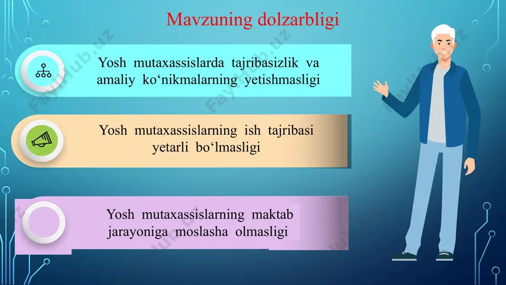 : -yosh mutaxassislarga kasbiy rivojlantirish kuni va kasbiy rivojlantirish soatlari tashkil etilgan amaldagi holat (o‘zbekiston) stajyor o‘qituvchilarga imtixondan o‘tganidan so‘ng kasbiy sertifikat berilishi yo‘lga qo‘yilgan. - yosh mutaxassislarga “ustoz-shogird” an’anasini davom ettirgan holda murabbiy biriktiriladi. amaldagi holat (fransiya) fransiyada tanlov asosida ishga olingan yosh mutaxassislar stajyor-o ‘qituvchi bo ‘ladilar. bir o ‘quv yili mobaynida faoliyat olib boradilar va yil oxirida tekshiruv o ‘rganlari tomonida o ‘tkaziladiga baholash natijalariga ko ‘ra o ‘qituvchi bo ‘ladilar amaldagi holat (aqsh) aqshda yosh mutaxassislar o‘rtasida tajriba va resurslar almashish uchun tarmoq resurslari va onlayn platformalardan keng foydalaniladi . taklif -“ustoz-shogird” an’anasi doirasida ma’sul oʻqituvchi va yordamchi oʻqituvchi boʻlib dars mashg‘ulotlarini tashkil etish kerak. -stajyor o ‘qituvchilar faqat test topshiribgina qolmay, ochiq dars ham tashkil qilish kerak. taklif . rahbar va yosh o‘qituvchi o’rtasida samimiylik, qo‘llab-quvvatlash, empatiya va ishonch bo‘lishi shart. rahbar yosh o‘qituvchining duch kelayotgan muammolarga yechim topishi uchun yetarli darajada g‘amxo‘rlik qilishi kerak …