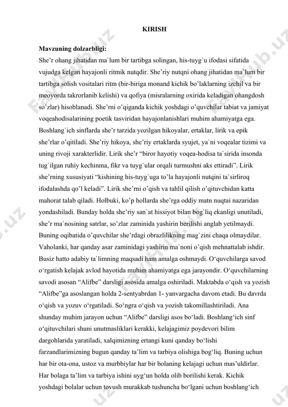 o‘rgatish kelajak avlod hayotida muhim ahamiyatga ega jarayondir. o‘quvchilarning savodi asosan “alifbe” darsligi asosida amalga oshiriladi. maktabda o‘qish va yozish “alifbe”ga asoslangan holda 2-sentyabrdan 1- yanvargacha davom etadi. bu davrda o‘qish va yozuv o‘rgatiladi. so‘ngra o‘qish va yozish takomillashtiriladi. ana shunday muhim jarayon uchun “alifbe” darsligi asos bo‘ladi. boshlang‘ich sinf o‘qituvchilari shuni unutmasliklari kerakki, kelajagimiz poydevori bilim dargohlarida yaratiladi, xalqimizning ertangi kuni qanday bo‘lishi farzandlarimizning bugun qanday ta’lim va tarbiya olishiga bog‘liq. buning uchun har bir ota-ona, ustoz va murbbiylar har bir bolaning kelajagi uchun mas’uldirlar. har bolaga ta’lim va tarbiya ishini uyg‘un holda olib borilishi kerak. kichik yoshdagi bolalar uchun tovush murakkab tushuncha bo‘lgani uchun boshlang‘ich sinflarda unga ta’rif berilmaydi. shunga qaramay, bolalarda tovush haqida to‘g‘ri ilmiy tasavvur amaliy mashqlar yordamida hosil qilinadi. bunda yetakchi usul so‘zdagi tovushlarning talaffuzi va tovushlarning tarkibiga bog‘liqligini kuzatish hisoblanadi. tovush haqidagi tasavvurni o‘quvchilarda bir unli yoki bir undosh bilan farqlanadigan sodda so‘zlar bilan …