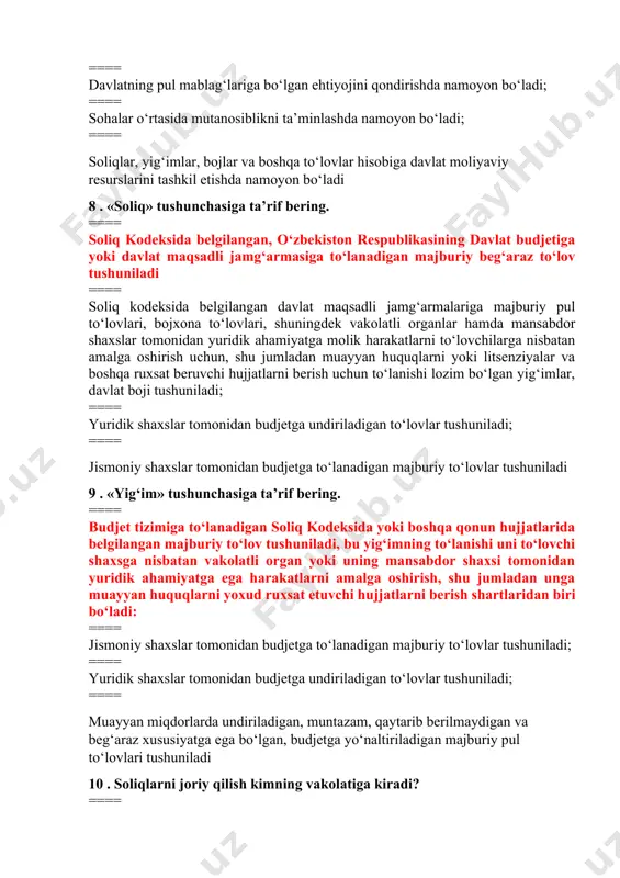 uayyan huquqlarni yoki litsenziyalar va boshqa ruxsat beruvchi hujjatlarni berish uchun to‘lanishi lozim bo‘lgan yig‘imlar, davlat boji tushuniladi; ==== yuridik shaxslar tomonidan budjetga undiriladigan to‘lovlar tushuniladi; ==== jismoniy shaxslar tomonidan budjetga to‘lanadigan majburiy to‘lovlar tushuniladi 9 . «yig‘im» tushunchasiga ta’rif bering. ==== budjet tizimiga to‘lanadigan soliq kodeksida yoki boshqa qonun hujjatlarida belgilangan majburiy to‘lov tushuniladi, bu yig‘imning to‘lanishi uni to‘lovchi shaxsga nisbatan vakolatli organ yoki uning mansabdor shaxsi tomonidan yuridik ahamiyatga ega harakatlarni amalga oshirish, shu jumladan unga muayyan huquqlarni yoxud ruxsat etuvchi hujjatlarni berish shartlaridan biri bo‘ladi: ==== jismoniy shaxslar tomonidan budjetga to‘lanadigan majburiy to‘lovlar tushuniladi; ==== yuridik shaxslar tomonidan budjetga undiriladigan to‘lovlar tushuniladi; ==== muayyan miqdorlarda undiriladigan, muntazam, qaytarib berilmaydigan va beg‘araz xususiyatga ega bo‘lgan, budjetga yo‘naltiriladigan majburiy pul to‘lovlari tushuniladi 10 . soliqlarni joriy qilish kimning vakolatiga kiradi? ==== oliy majlis vakolatiga: ==== mahalliy hokimiyat organlari vakolatiga; ==== joylardagi boshqaruv organlari vakolatiga; ==== vazirlar mahkamasi vakolatiga 11 …