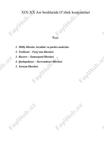 xix-xx asr boshlarida o’zbek kostyumlari — DOC