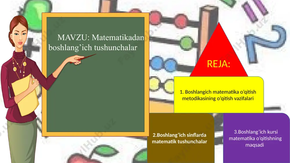 oqarashini shakllantirish yo’llarini o’rgatishi kerak. 4. insonni tarbiyalash vazifasini yoritib beradi. 5. matematika o’qitish jarayonida insonni mehnatni sevishga, o’zining qadrqimmati, bir-biriga hurmati kabi fazilatlarini tarbiyalashni ko’rsatib beradi. 6. o’qitish metodikasi i-iv sinflar matematikasining davomi bo’lgan v-vi sinf matematikasi mazmuni bilan bog’lab o’qitishni ko’rsatadi. boshlang’ich matematika kursining vazifasi maktab oldiga qo’yilgan “o’quvchilarga fan asoslaridan puxta bilim berishda yangi pedagogik texnologiyalardan foydalanish, ularda hozirgi zamon ijtimoiy-iqtisodiy bilimlarni berish, turmushga, kasblarni ongli tanlashga o’rgatish” kabi vazifalarni hal qilishda yordam berishdan iborat. shunday qilib, boshqa har qanday o’quv predmeti kabi matematika boshlang’ich kursi matematika o’qitishning maqsadi quyidagi uch omil bilan belgilanadi: 1.matematika o’qitishning umumta’limiy maqsadi 2.matematika o’qitishning tarbiyaviy maqsadi. 3.matematika o’qitishning amaliy maqsadi. matematika o’qitishning umumta’limiy maqsadi o’z oldiga quyidagi vazifalarni qo’yadi: 1 a) o’quvchilarga ma’lum bir dastur asosida matematik bilimlar sistemasini berish. 2 b) o’quvchilarning og’zaki va yozma matematik bilimlarni tarkib toptirish matematikani o’rganish o’quvchilarning o’z ona tillarida xatosiz so’zlash, o’z fikrini aniq, …
