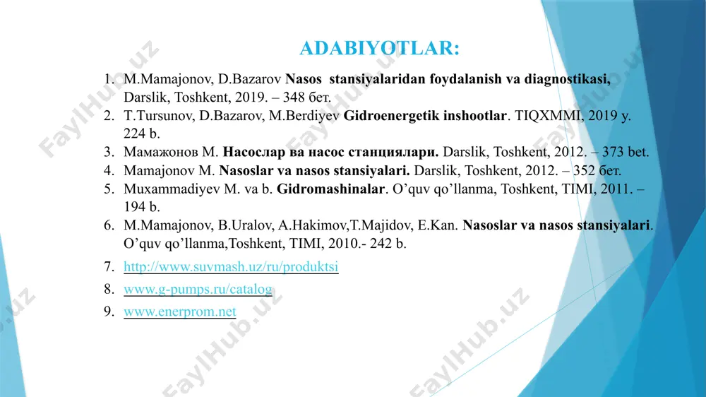 dagi ish ko‘rsatkichlari haqidagi ma’lumotlar zarur bo‘ladi. bunday ma’lumotlar ularning xususiy, universal va o‘lchamsiz xarakteristikalari shakllarida berilishi mumkin. ushbu ko‘rinishdagi xarakteristikalar nasos tayyorlash zavodlari tomonidan beriladi va nasoslarning kattaloglarida keltiriladi. odatda nasosni maksimal talab etiladigan suv uzatishi bo‘yicha tanlab olinadi. lekin undan foydalanish sharoitida suv uzatishi miqdorini o‘zgartirish zaruriyati paydo bo‘lishi amaliyotda uchrab turadi. nasosning haqiqiy suv uzatishi uning bosim xarakteristikasi h=ƒ(q) egri chizig‘i bilan quvurning htr=ƒ∙(q) gidrodinamik egri chizig‘i kesishgan a ishchi nuqta orqali aniqlanadi (1-rasm). demak, suv uzatishi q ni nasosning yoki quvurning xarakteristikasini o‘zgartirish hisobiga rostlash mumkin. amaliyotda nasosning suv uzatishini miqdor va sifat jihatidan rostlash usullaridan foydalaniladi. miqdor jihatidan rostlash usuli quyida keltirilgan bir necha xil yo'llar bilan amalga oshirilishi mumkin. 1. bosimli quvurdagi qulfak yordamida rostlash yoki drosellash. 2. qisman suvni bosimli tomondan so'rish tomoniga o'tkazish yo'li bilan rostlash. 3. ishchi g'ildirak kuraklarining burilishi burchagini o'zgartirib rostlash. 4.ishlayotgan nasoslar sonini o'zgartirish yo'li bilan rostlash. 5.markazdan …