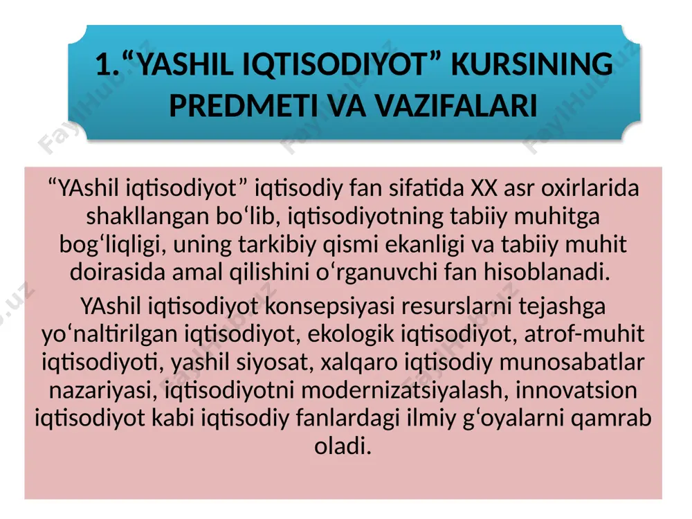 amaliyotga tadbiq etish bosqichlarini turli (nazariy, g‘oyaviy, siyosiy va iqtisodiy) darajalarga bo‘lish zaruriyatining mavjudligi; tahlillar va ilmiy ishlanmalarning fanlararo xarakterga egaligi. “yashil iqtisodiyot” fanida ilmiy bilish usullarini tanlash va tadqiqot stategiyasini tuzishda quyidagi tamoyillar muhim ahamiyat kasb etadi: talabalarda “yashil iqtisodiyot” konsepsiyasi, “yashil iqtisodiyot”ga o‘tish zaruriyatini asoslash, “yashil iqtisodiyot”ni baholash ko‘rsatkichlari va indikatorlarini tahlil etish, jahon amaliyotida shakllangan “yashil iqtisodiyot”ga o‘tish modellarini qiyosiy o‘rganish, o‘zbekistonda “yashil iqtisodiyot”ni rivojlantirish bo‘yicha bilim va ko‘nikmalarni shakllantirishdan iborat. “yashil iqtisodiyot” fanining maqsadi - “yashil iqtisodiyot”ga oid kategoriyalar va tushunchalar mohiyatini ochib berish; barqaror rivojlanishni ta’minlashda “yashil iqtisodiyot”ning tutgan o‘rnini baholash; “yashil iqtisodiyot” konsepsiyasining maqsadi, tamoyillari va amalga oshirish mexanizmini tahlil etish; “yashil iqtisodiyot” va “yashil o‘sish” miqyosini baholashning xalqaro tashkilotlar tomonidan tavsiya etilayotgan yondashuvlarini qiyosiy tahlil etish; “yashil iqtisodiyot”ga o‘tish jarayonini moliyalashtirish holati, ko‘rsatkichlari va rivojlanish istiqbollarini o‘rganish; “yashil energetika”ga barqaror rivojlanish omili sifatida baho berish; organik qishloq xo‘jaligini rivojlantirish muammolarini o‘rganish; jahondagi ekologik …