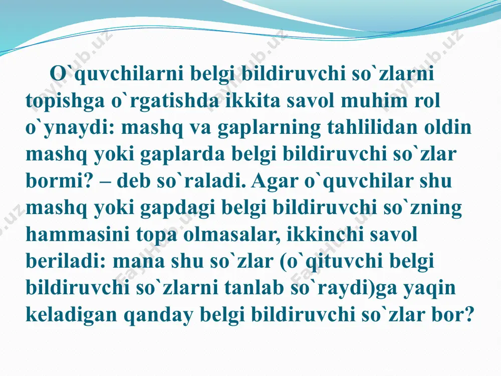 serharakat) ko`cha, bola; (katta, hashamatli) imorat, kema; (quvnoq, xushchaqchaq) ashula, qizcha. bu mashq orqali o`quvchilar har bir otning o`ziga xos sifatlar bilan bog`lanishini bilib oladilar. masalan: to`g`ri yo`l, halol mehnat; shirin qovun, mazali ovqat; ko`m-ko`k osmon, yashil o`tloq; g`ayratli bola, serharakat ko`cha; katta kema, hashamatli imorat; quvnoq ashula, xushchaqchaq qizcha. kabi. ba’zi mashqlarda esa ushbu mavzu mustahkamlanadi. masalan: bu mashqda otlardan sifatlar yasash topshiriladi: maza --- nur --- rang --- shira --- tuz --- qarz --- yog` --- sifat --- hosil --- boshlang‘ich sinfda qarama-qarshi ma’noli sifatlar ustida ham ishlanadi. masalan: berilgan sifatlarga qarama-qarshi ma’noli sifatlar tanlab yozing. uzun, yaxshi, katta, achchiq, baland, uzoq, qalin, yangi. qo`yish uchun so`zlar: kichik, yomon, past, chuchuk, eski, yaqin, yupqa, qisqa. uzun – qisqa, yaxshi – yomon, katta – kichik, achchiq – chuchuk, baland – past, uzoq – yaqin, qalin – yupqa, yangi – eski. 4-sinfda 1-3-sinflarga olingan bilimlar takrorlanadi hamda mustahkamlanadi. sifatlarning ma’no …