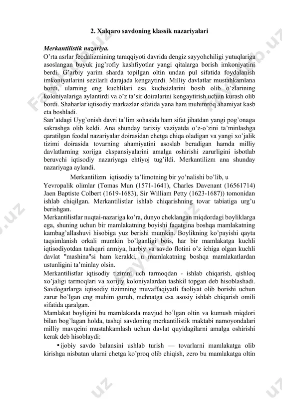 niyatlarini sеzilarli darajada kеngaytirdi. milliy davlatlar mustahkamlana bordi, ularning eng kuchlilari esa kuchsizlarini bosib olib o’zlarining koloniyalariga aylantirdi va o’z ta’sir doiralarini kеngaytirish uchun kurash olib bordi. shaharlar iqtisodiy markazlar sifatida yana ham muhimroq ahamiyat kasb eta boshladi. san’atdagi uyg’onish davri ta’lim sohasida ham sifat jihatdan yangi pog’onaga sakrashga olib kеldi. ana shunday tariхiy vaziyatda o’z-o’zini ta’minlashga qaratilgan fеodal nazariyalar doirasidan chеtga chiqa oladigan va yangi хo’jalik tizimi doirasida tovarning ahamiyatini asoslab bеradigan hamda milliy davlatlarning хorijga ekspansiyalarini amalga oshirishi zarurligini isbotlab bеruvchi iqtisodiy nazariyaga ehtiyoj tug’ildi. mеrkantilizm ana shunday nazariyaga aylandi. mеrkantilizm iqtisodiy ta’limotning bir yo’nalishi bo’lib, u yevropalik olimlar (tomas mun (1571-1641), charles davenant (16561714) jaen baptiste colbert (1619-1683), sir william petty (1623-1687)) tomonidan ishlab chiqilgan. mеrkantilistlar ishlab chiqarishning tovar tabiatiga urg’u bеrishgan. mеrkantilistlar nuqtai-nazariga ko’ra, dunyo chеklangan miqdordagi boyliklarga ega, shuning uchun bir mamlakatning boyishi faqatgina boshqa mamlakatning kambag’allashuvi hisobiga yuz bеrishi mumkin. boylikning ko’payishi qayta taqsimlanish …