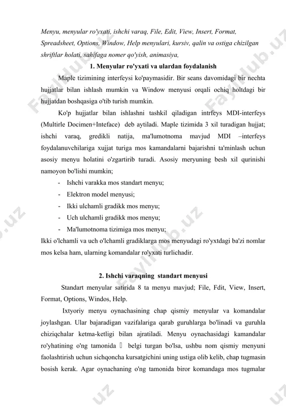 y menyuni faolashtirish uchun sichqoncha kursatgichini uning ustiga olib kelib, chap tugmasin bosish kerak. agar oynachaning o'ng tamonida biror komandaga mos tugmalar kombinasiyasi kursatilgan bo'lsa, komandani shu tugman faollashtirish mumkin. masalan file menyusidagi va tugmalarini birgalikda bosib (oynachada yozuvi bilan ko'rsatilgan) bosib new komandasi faollash . agar komanda nomidan keyin … belgilar ko'rsatilmagan bo'lsa, ushbu kamondani bajarish uchun ko'shimcha ma'lumot kerakligini bildiradi va bu paydo bo'lmagan muloqot oynachasi orqali kiritiladi. masalan, file menyusidagi save as kamondasi faollashtirilsa, paydo bo'lgan muloqat oynachasiga saqlanadigan faylning nomi va uning joylashish yo'li ko'rsatilishi kerak. ba'zi bir kamondlar u yoki bu rejimni o'rnatish uchun qo'llaniladi. agar o'rnatigan bo'lsa, komanda nomining chap tamonida belgi paydo bo'ladi. rejimning bekor qilish uchun sichqoncha yordamida komanda qayta bajariladi. masalan, autosave setting (ko'rsatmani avtomatik saqlash rejimi) komadasi bajarilsa mos rejim o'rntiladi va kamanda nomining chap qismida belgi paydo bo'ladi. kamonda takroran bajarilganda belgi yo'qoladi. agar komanda nominmng bosh harfi – …