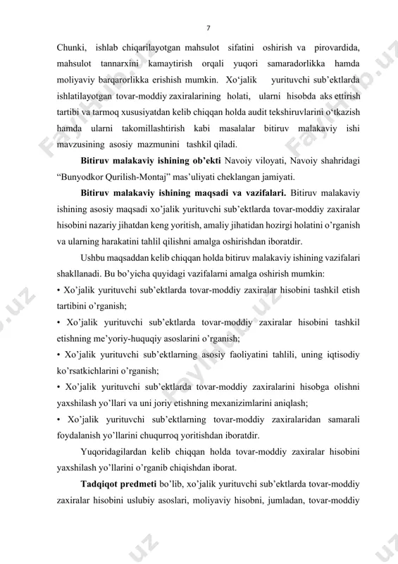 tlari, shuningdek, mamalakatimiz yetakchi olimlari va mutaxassislarining ushbu muammoga oid ilmiy-tadqiqot natijalari hisoblanadi. bitiruv malakaviy ishining tuzilishi. bitiruv malakaviy ishi kirish, 3 ta bob, 6 ta chizma, 6 ta jadval, xulosa va takliflar, foydalanilgan adabiyotlar ro’yxatidan iborat. ishning tarkibi uning maqsadi va yo’nalishlarini ifodalaydi. i bob. tovar-moddiy zaxiralar va inventarizatsiyaning iqtisodiy mohiyati, ahamiyati va vazifalari. 1.1.tovar-moddiy zaxiralarning iqtisodiy mohiyati, turkumlanishi va vazifalari. hozirgi kunda turli mulkchilik shakllangan asosiy korxonalarda asosiy e’tiborni ishlab chiqarish hajmini kengaytirish, mehnat unumdorligini oshirish, korxonalarning rentabellik darajasini oshirish, tannarxni pasaytirish hamda pirovardida yalpi daromad, sof tushum hamda sof foydani ko’paytirishga qaratilgandir. hozirgi kunda kelib korxonalarda asosiy xarajatlar qismining oshishi, xarajatlarning oshishi esa korxonalarning moliyaviy natijalariga salbiy ta’sir ko’rsatmoqda. bizning vazifamiz ushbu yoziladigan bitiruv malakaviy ish orqali xo’jalik yurituvchi sub’ektlarning xarajatlar qismida tovar-moddiy zaxiralarining tutgan o’rni, tannarxga ta’siri, ulardan qay darajada foydalanishni tahlil qilib pirovardida o’zimizning xulosa va takliflarni berishdan iborat. tovar-moddiy zaxiralarning ishlatilishi, ishlab chiqarish jarayonida …