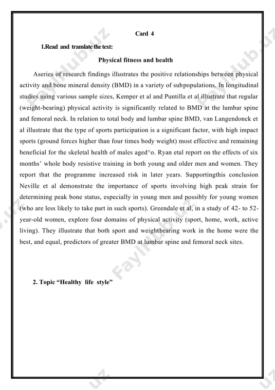 importance of sports involving high peak strain for determining peak bone status, especially in young men and possibly for young women (who are less likely to take part in such sports). greendale et al, in a study of 42- to 52-year-old women, explore four domains of physical activity (sport, home, work, active living). they illustrate that both sport and weightbearing work in the home were the best, and equal, predictors of greater bmd at lumbar spine and femoral neck sites. 2. topic “healthy life style” card 5 1.read and translate the text: mary knox i am mary knox, an nct teacher of an antenatal course, which was set up to help prepare mothers for labour, their baby’s birth, and early parenthood. this training is open to pregnant women, their partners, and their birth supporters. i have undergone a three-year training programme, which is unique in the world of childbirth education, …