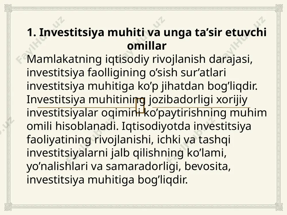 g qo’lida, asosan, davlat miqyosi darajasidagi vazifalar qoladi. ya’ni, ijtimoiy sohaning boshlang’ich ta’limi, sog’liqni saqlashning tez tibbiy xizmat ko’rsatish sohasi, davlat boshqaruvi va boshqalarni moliyalashtirish byudjet hisobidan amalga oshiriladi.  asosiy adabiyotlar 1.vaxobov a.v., xojibakiev sh.x., mo’minov n.g. “xorijiy investitsiyalar”. o’quv qo’llanma.- t.: moliya, 2010.-328 b. 2.вахабов а.в., разыкова г.х., хажибакиев ш.х. иностранные инвестиции и модернизация национальной экономики. монография. т.: молия, 2011.-300 с. 3.bekmurodov a.sh., karrieva ya.k., ne’matov i.u., nabiev d.h., kattaev n.t. xorijiy investitsiyalar. o’quv qo’llanma. –t.:iqtisodiyot, 2010.-166 b. 4.mamatov b., xujamkulov d., nurbekov o. investitsiyalarni tashkil etish va moliyalashtirish. darslik. – t.: iqtisod-moliya, 2014. – 608 b. 5.kayumov r.i., xojimatov r.x. investitsiyalarni tashkil etish va moliyalashtirish: darslik. - t.: tdiu, 2010. - 496 b. 6.karlibaeva r. investitsiyalarni tashkil etish va moliyalashtirish: o’quv qo’llanma. - t.: cho’lpon, 2011.-124 b.  image3.png image4.jpeg image5.jpeg image6.jpeg image7.jpeg image8.png image9.jpeg 733ae8ab-9114-46a0-bd79-e48b5cdee791 /docprops/thumbnail.jpeg