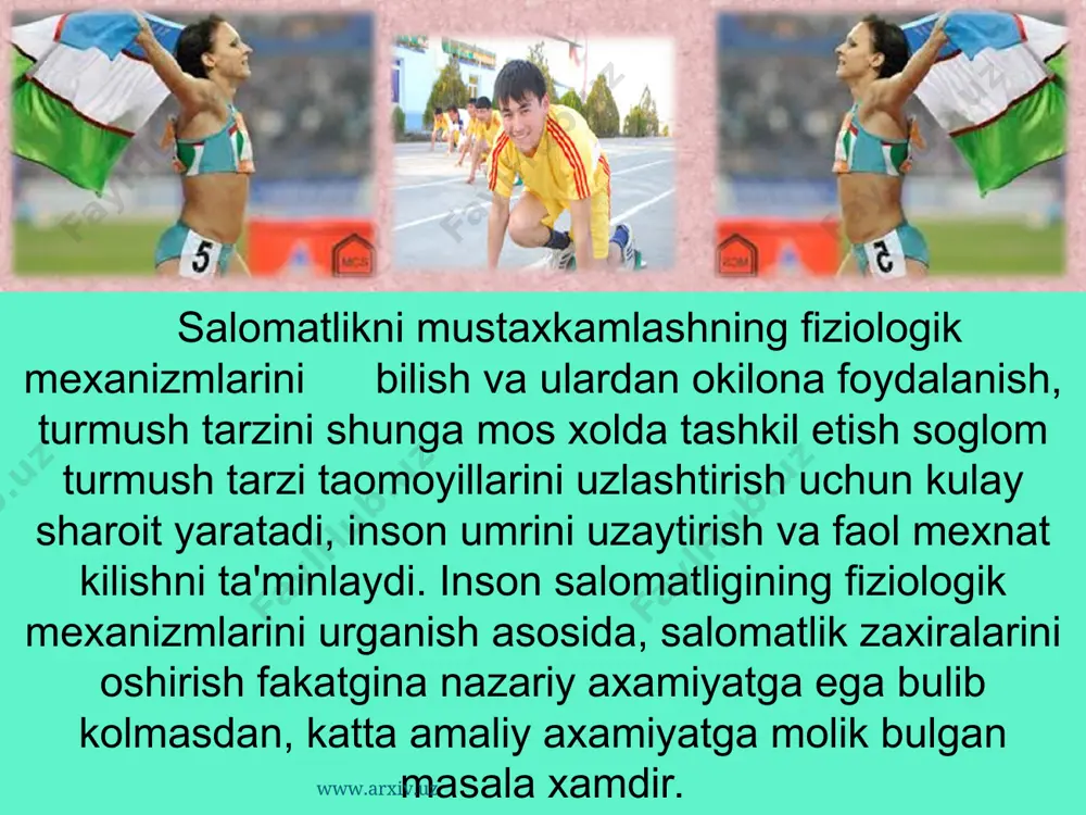 lik markazlarini kitiklaydi. odamda paydo bulgan ochlik xissi esa evalyutsion tarakkiyot davomida shakllangan muxim instinkt bulganligi tufayli, organizmni ochlikni kondirishiga undaydi. www.arxiv.uz www.arxiv.uz asab tizimi faoliyatining turli strеssogеn omillar ta'sirida izdan chikishi, organizmning tizimlari va tana a'zolarining mе'yoriy faoliyat kursatishiga tusik tugdiradi, turli xil xastaliklarni – kon bosimining oshishi, mе'da va 12 barmokli ichak yarasi, yurak ishеmiyasi kabilarni kеltirib chikaradi. aksincha asab tizimining chinikishi, turli xil strеssogеn xolatlardan mustaxkam ximoyalanishi, organizmdagi barcha fiziologik jarayoеnlarning mе'yoriy kеchishiga, inson umrining uzayishiga olib kеladi. www.arxiv.uz www.arxiv.uz turli xil strеss xolatlari, ruxiy – extiroslar, akliy zurikib ishlash kabilar ta'sirida endokrin bеzlari faoliyati kuchayib, jumladan buyrak usti bеzida adrеnalin garmoni, kalkonsimon bеzda tiroksin ishlab chikishi kuchayadi. okibatda yurak kon tomir tizimi faoliyati izdan chikadi, yurak urishi tеzlashadi, kon bosimi oshadi, sinapslarda tuplangan adrеnalin bosh miya pustlogi xujayralarida kuchli kuzgalish jarayonini vujudga kеltiradi www.arxiv.uz www.arxiv.uz xuddi shu kabi ovkat xazm kilish tizimi a'zolari faoliyati xam uzaro …