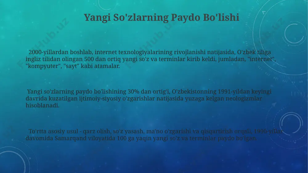 я билан ўзаро боғлиқ бўлиб, маънонинг 30 дан ортиқ соясини ифодалайди, бу эса мантиқий хулосалар чиқариш имкониятини оширади. лексик имкониятлар тадқиқотида 500 дан ортиқ мисол билан самарқанд университети томонидан ўтказилган таҳлиллар, синтаксис ва морфология билан узвий боғлиқлигини кўрсатади. лексик имкониятларнинг моҳияти луғат бойлиги ва уларнинг 2000 дан ортиқ сўз бирикмасини ҳосил қилиш қобилияти, жумладан, тошкент шаҳри атрофидаги диалектлардаги сўзларни ҳам ўз ичига олади. e'tiboringiz uchun rahmat @taqdimot_robot image3.png